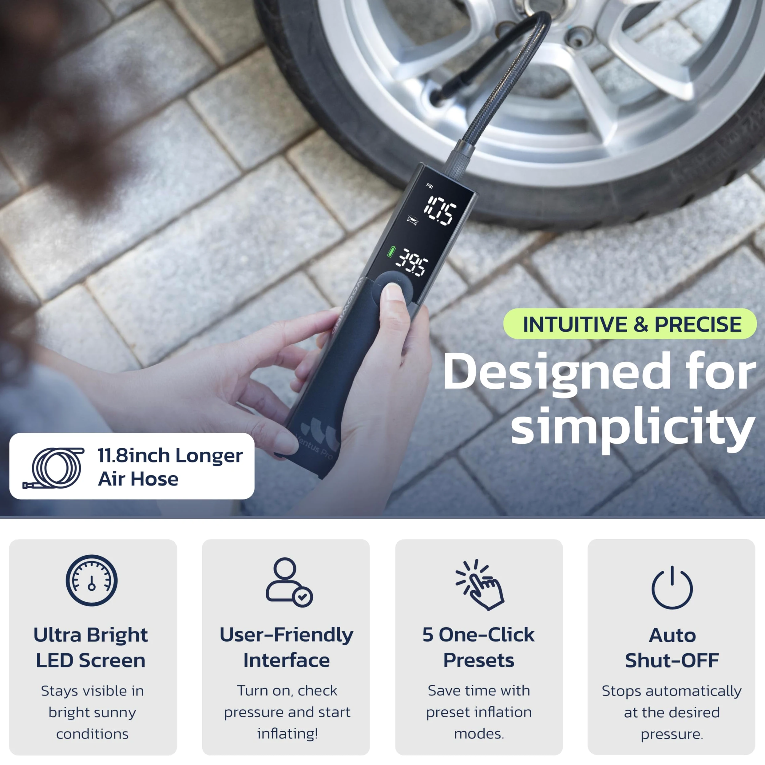 Woowind Ventus Pro Compresor Aire Portátil 150PSI/10,3Bar, Inflador Eléctrico Coche Recargable, Inalámbrico o con Cable 12V DC, Apagado Automático y Linterna LED + Estuche de Transporte