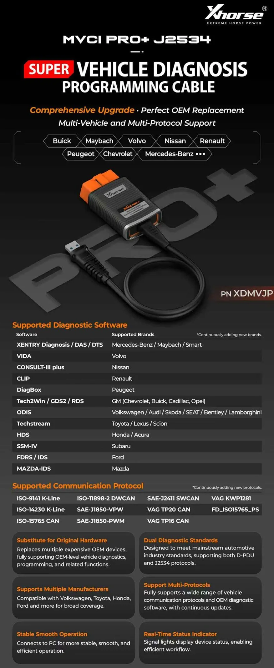 X-HORSE XDMVJPGL MVCI PRO J2534 Cable de programación de diagnóstico de vehículos