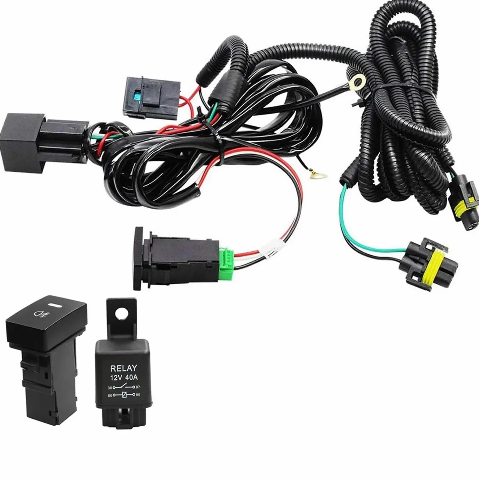 Kit de cableado for faros antiniebla H10, H12, HB3 y HB4 con conector, relé de 40 A e interruptor de encendido/apagado (1 unidad).