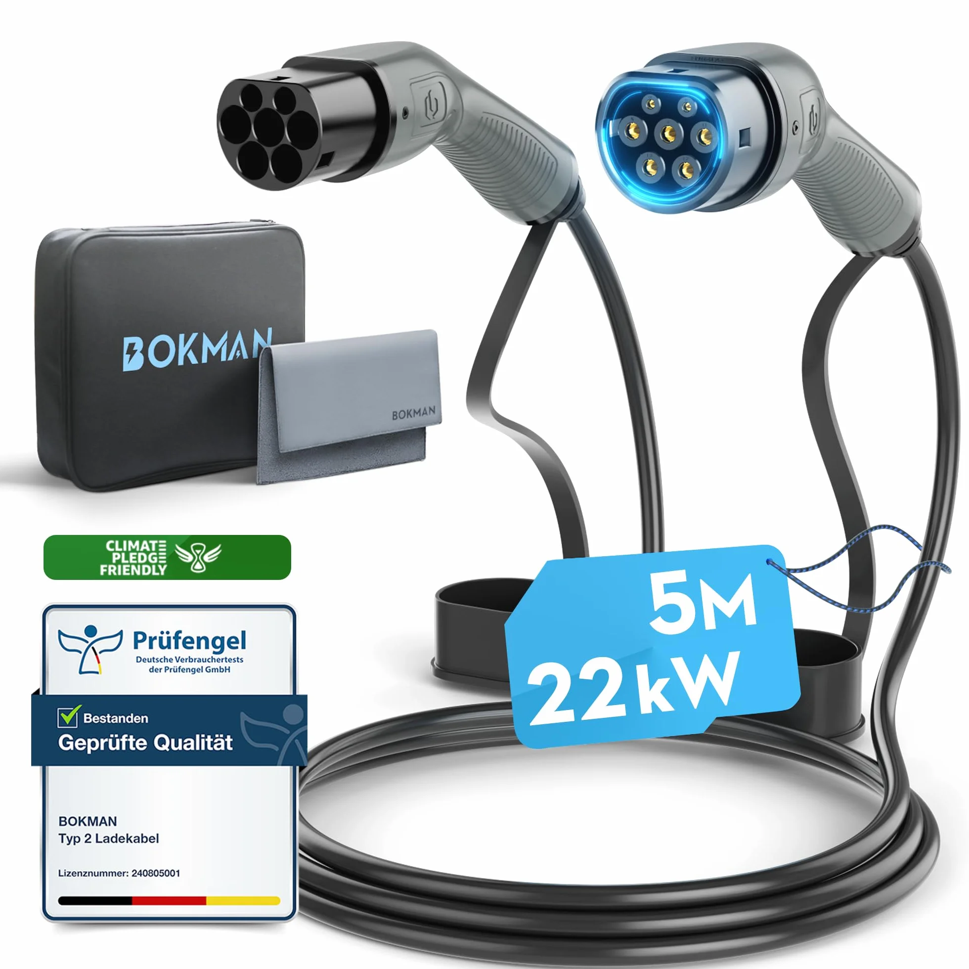 bokman EV Cable de Carga Tipo 2, Modo 3 / 32A / 22kW / Trifásico / 5 Metros, Cable de Carga Rápida Híbrido Enchufable para Vehículo Eléctrico Tipo 2 a Tipo 2