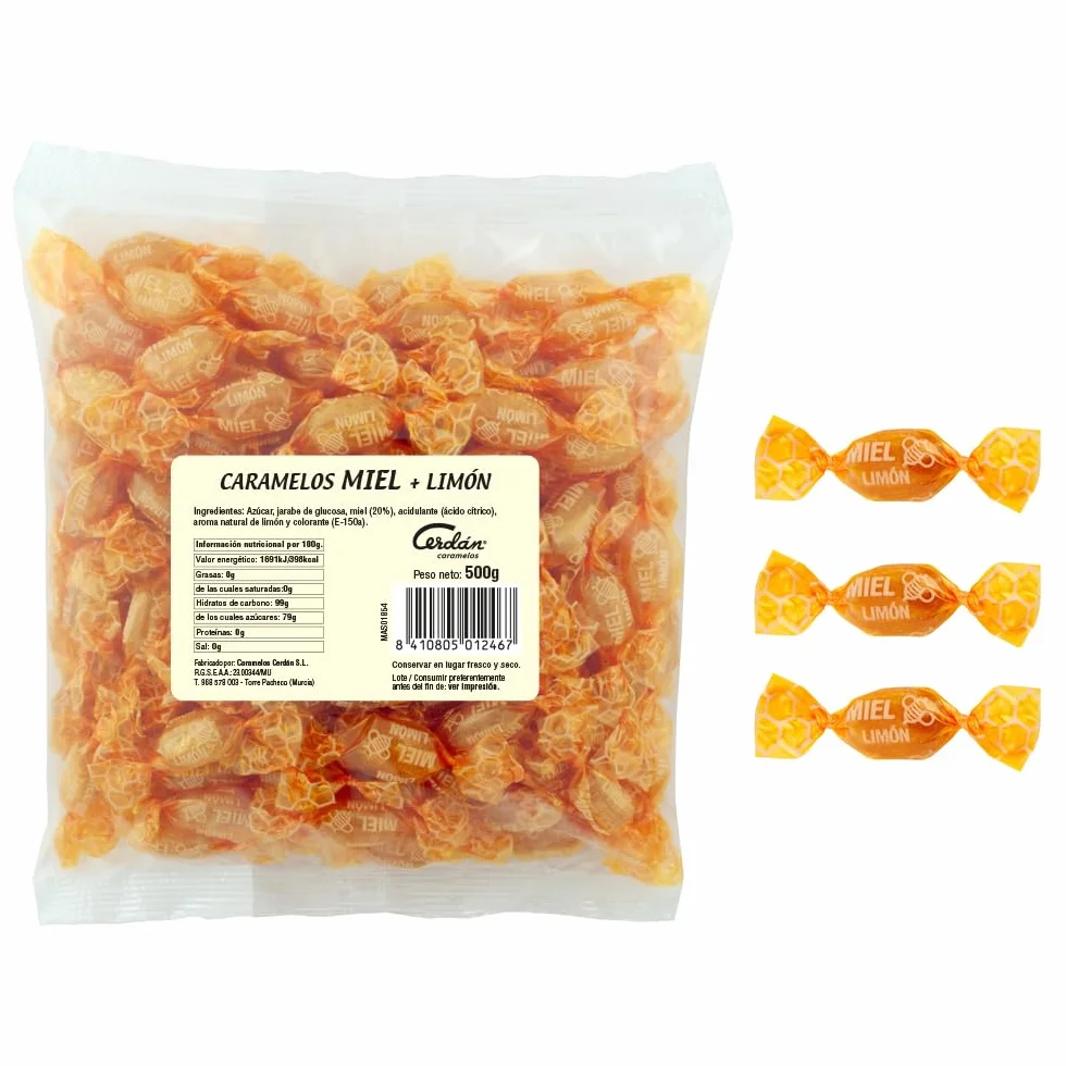 Caramelos Cerdán Caramelo Duro con Miel Pura y Limón Bolsa 150 Unidades Sin Gluten Medio Kilo