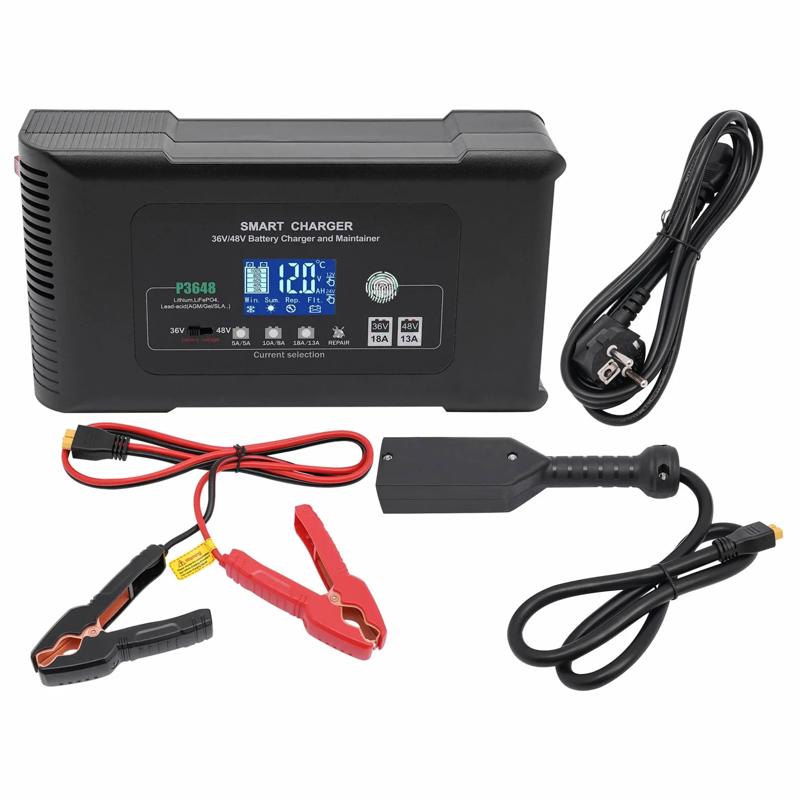 Cargador de batería de coche, 36 V, 18 A, 48 V, 13 A, cargador de batería con pantalla digital, pinzas de cocodrilo, desulfador para baterías de litio LiFePO4 y baterías de plomo-ácido