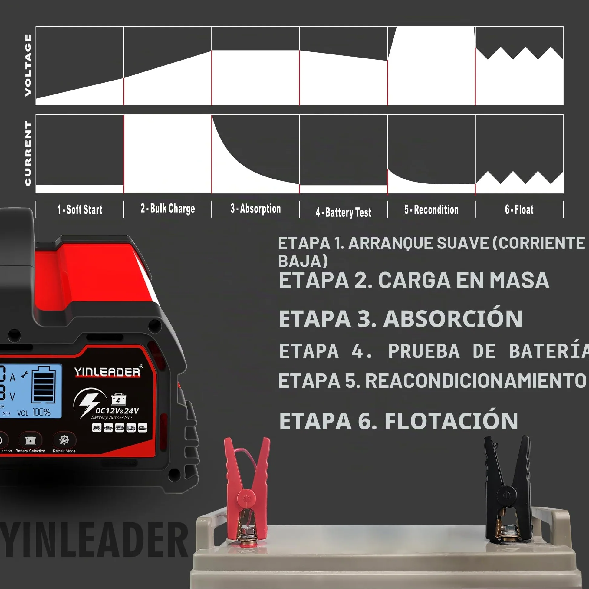 Yinleader Cargador de batería para automóvil 25A 12V/24V 12A/10A/5A Cargador de batería para automóvil Cargador Inteligente con Pantalla LCD, para batería de 12V LiFePO4
