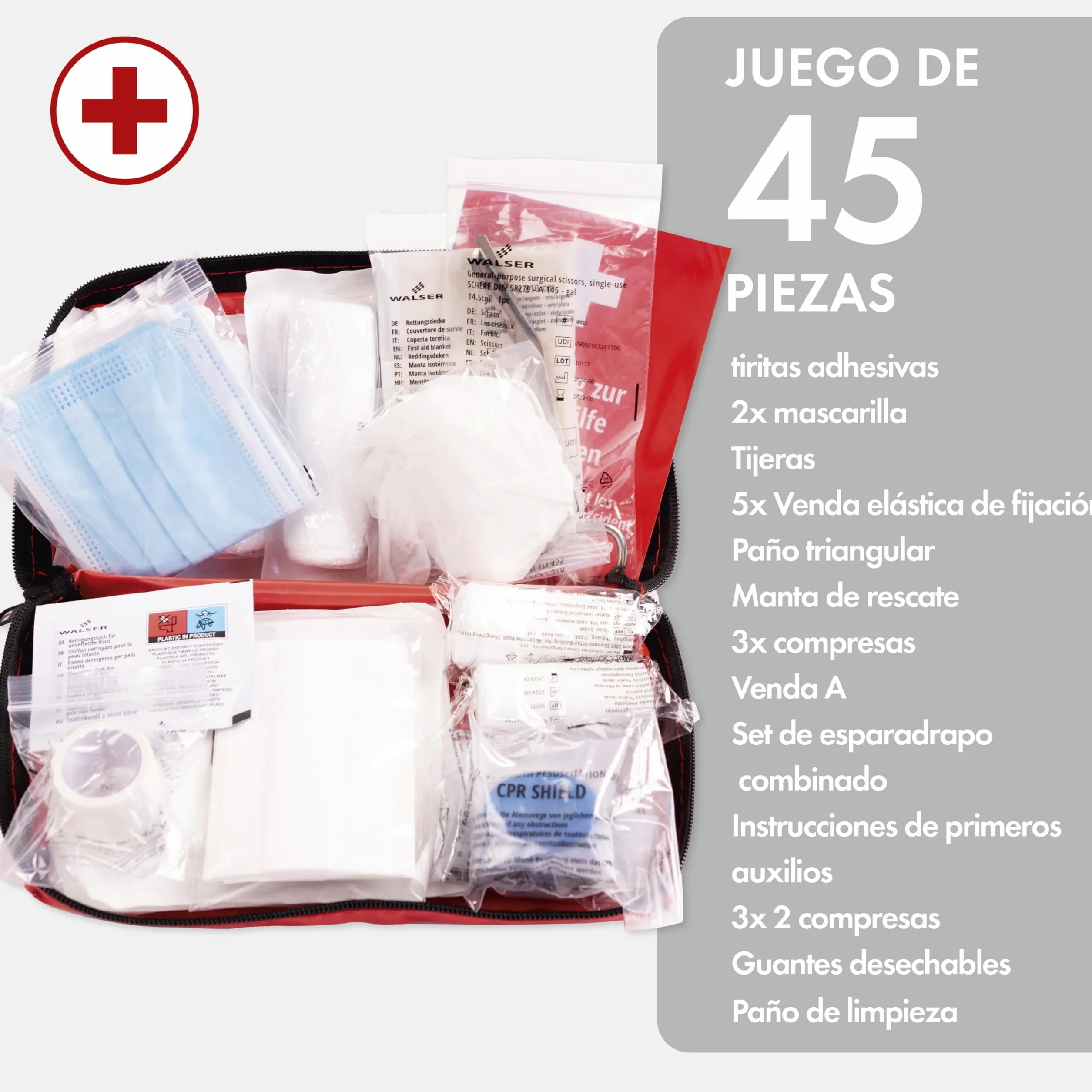 WALSER Bolsa de primeros auxilios para coche DIN 13164:2022 kit rojo 44283