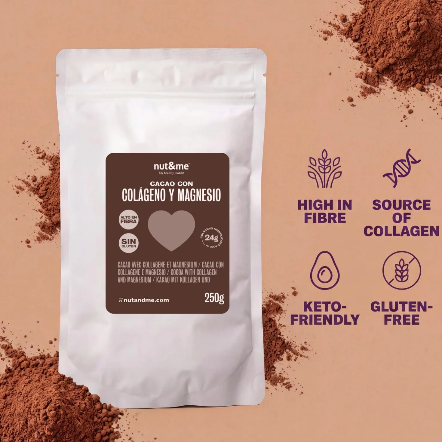 Nut&me Cacao con colágeno y magnesio 250 gr, alto en magnesio, hierro, potasio, keto, sin gluten