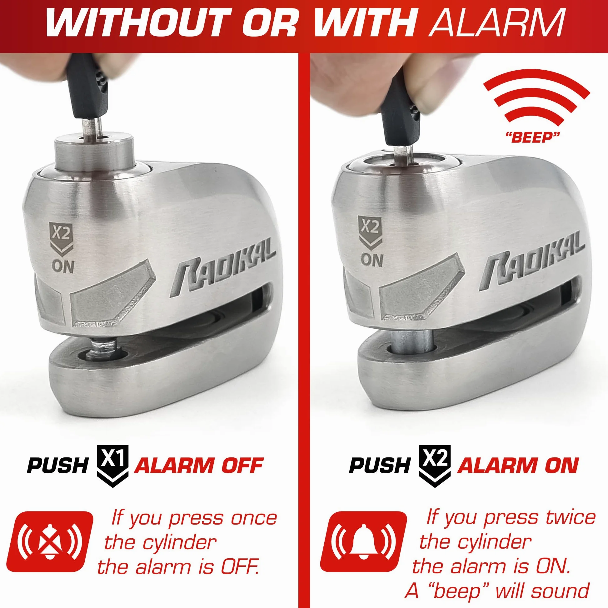 RADIKAL RK910S Candado Moto Disco Alarma X2-ON, Homologado Sra, Cerradura Alta Seguridad Antitaladro y Antiganzúa, Doble Cierre 10mm, Pila Larga Duración, Acero Inoxidable, Pinza Antirrobo Scooter