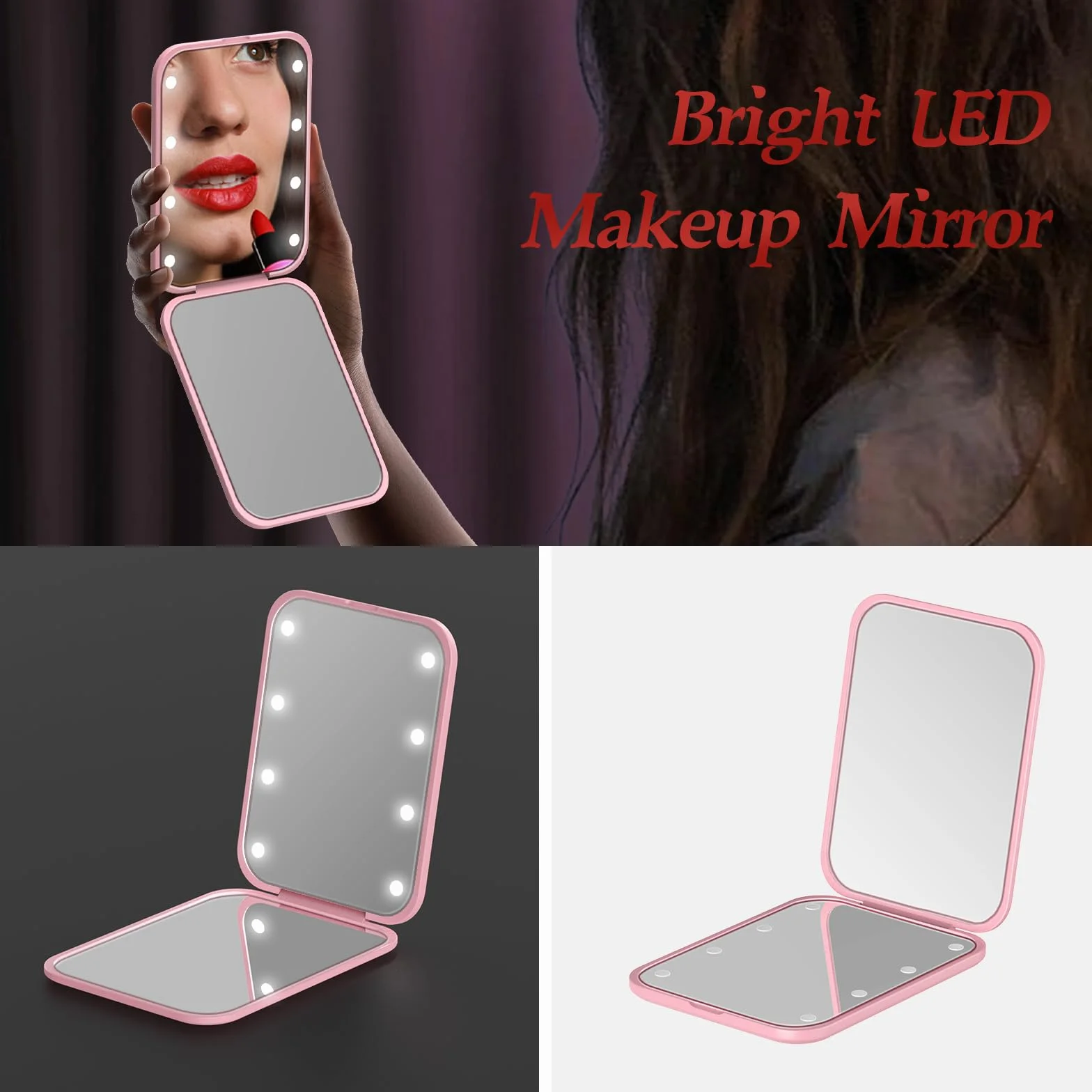 Espejo portátil con luz LED 1x/3x plegable maquillaje rosa