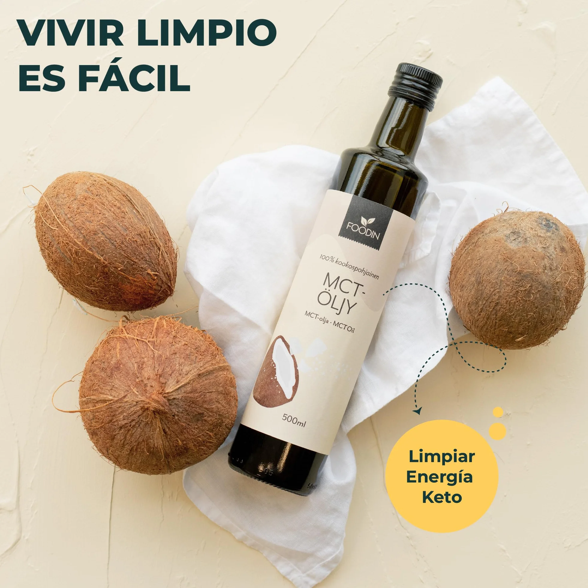 FOODIN Aceite MCT 1000 ml (2 x 500 ml) 100% aceite de coco, triglicéridos de cadena múltiple, vegano, sin gluten, para cetogénica