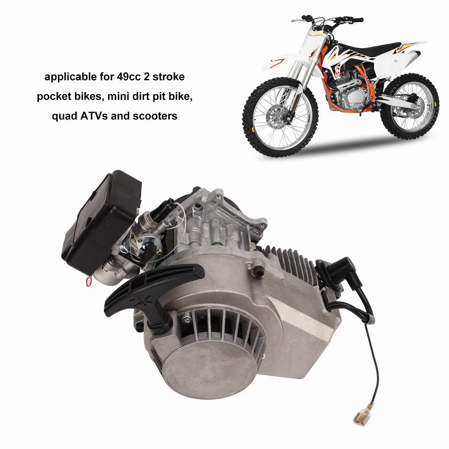 Motor de Motor de Arranque por Cuerda de 2 Tiempos de 49 Cc, Motor de Arranque por Cuerda de 49 Cc Motor de 2 Tiempos de Alta Eficiencia Motor de Potencia Fuerte para Pocket Bike Mini Dirt Pit Bike Qu