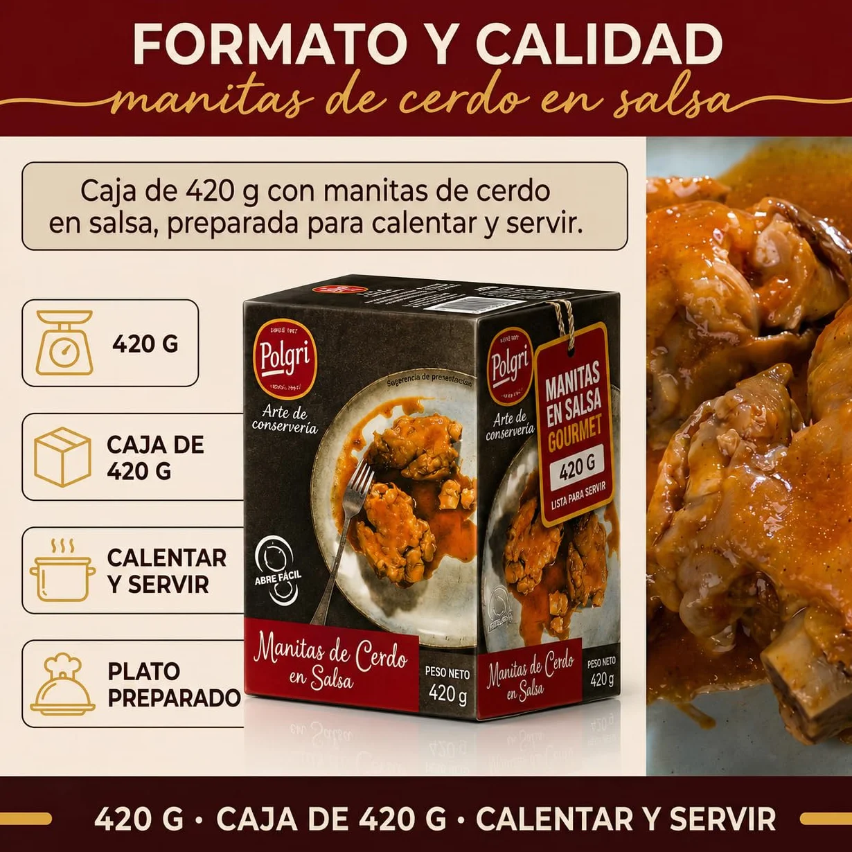 POLGRI Manitas de Cerdo en Salsa 420 g x 3 Latas Receta Tradicional La Mancha Colágeno Natural