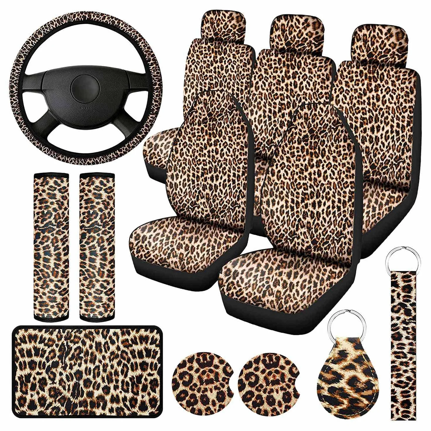 Juego de 15 fundas de asiento con estampado de leopardo, para volante, almohadilla de seguridad, posavasos, reposabrazos acolchado y