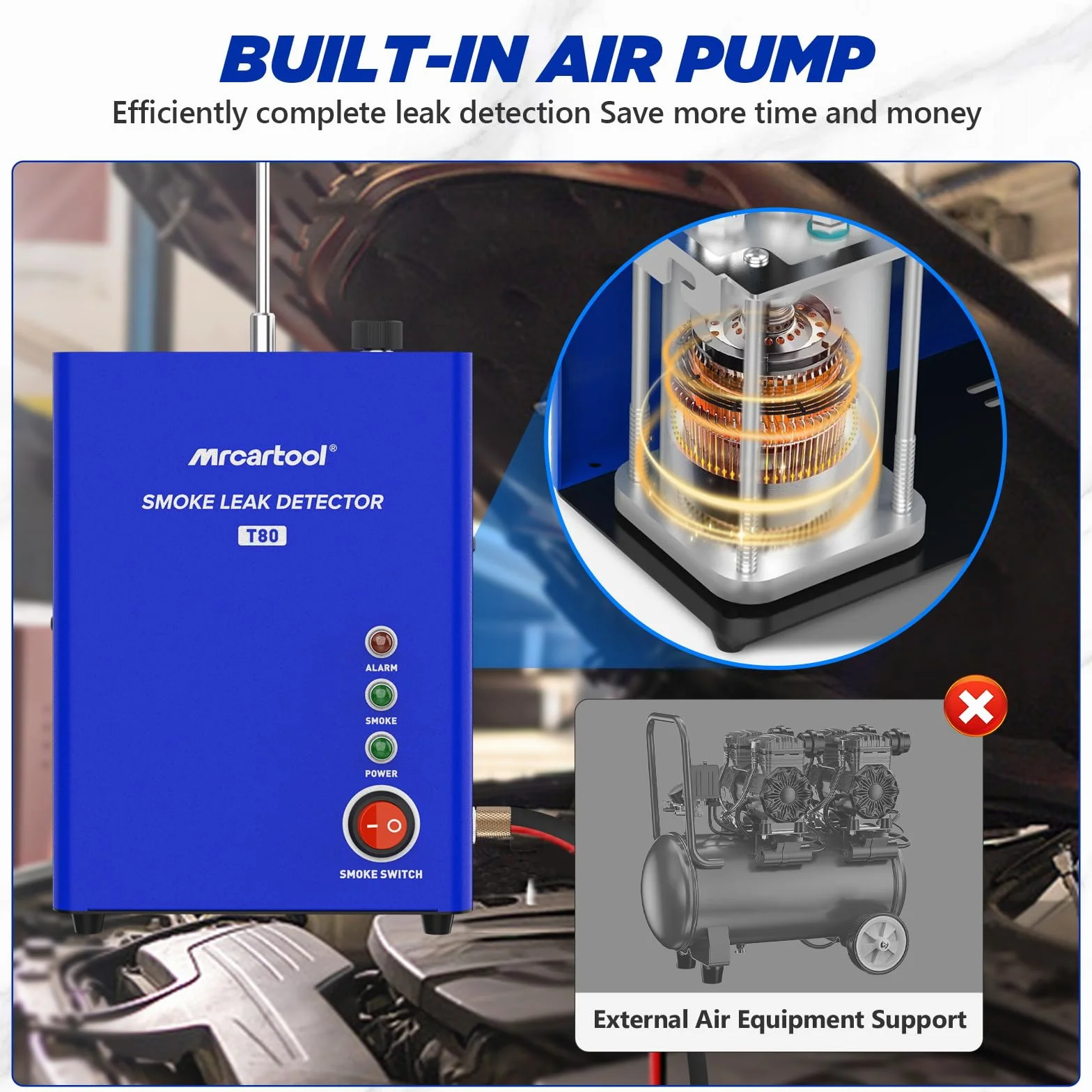 MRCARTool T80 EVAP Smoke Machine Leak Detector with Air Pump & Oil Level Meter 12V Fuel Leak Tester