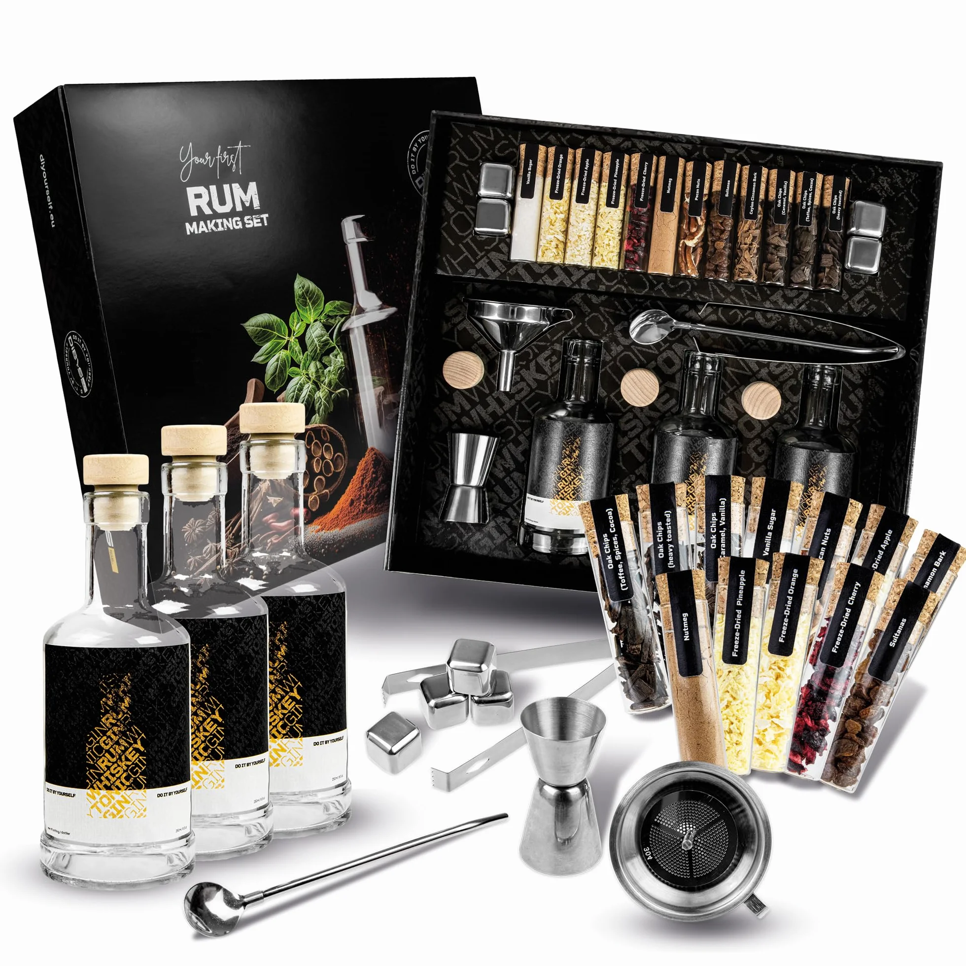 Kit Ron de Bricolaje con 12 Botánicos Naturales, Especias y Accesorios | Set de Regalo para Amantes del Ron