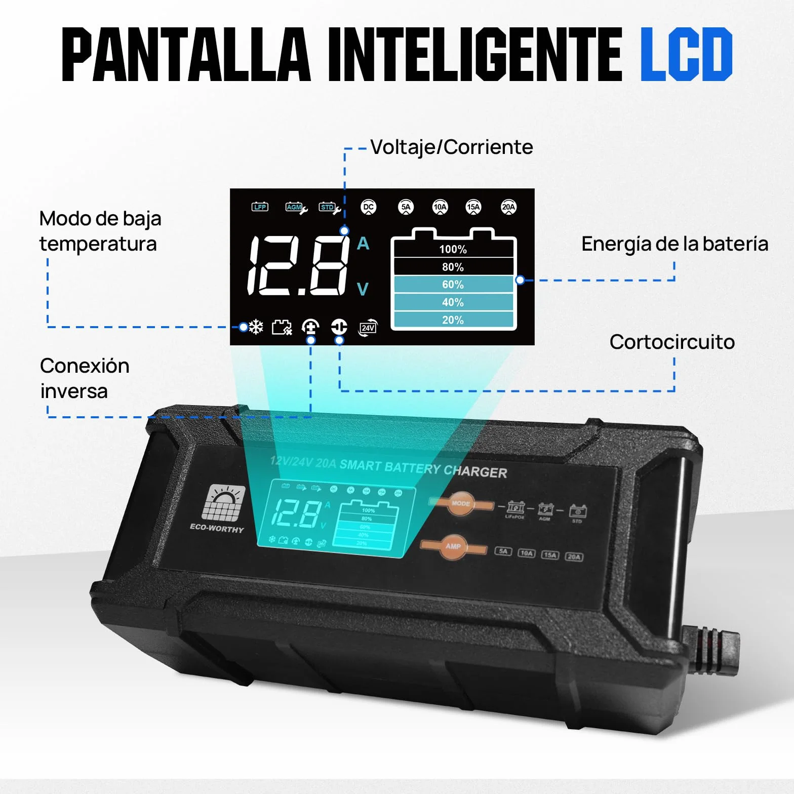 ECO-WORTHY 12 V/24 V 20 A Cargador de batería LiFePO4 con opciones multicanal 5 A/10 A/15 A/20 A, detección automática de voltaje de la batería Ploácido LiFePO4