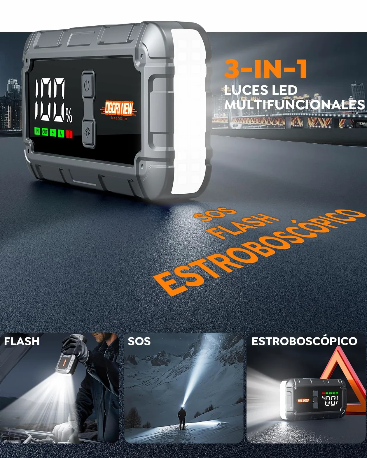 Arrancador de Coche, 7000A Arrancador de Baterias de Coche,12V Arrancador de Coches Portatil para 10L Gas o 8L Diesel,Jump Starter con Pantalla LCD y Linterna LED de 3 Modos