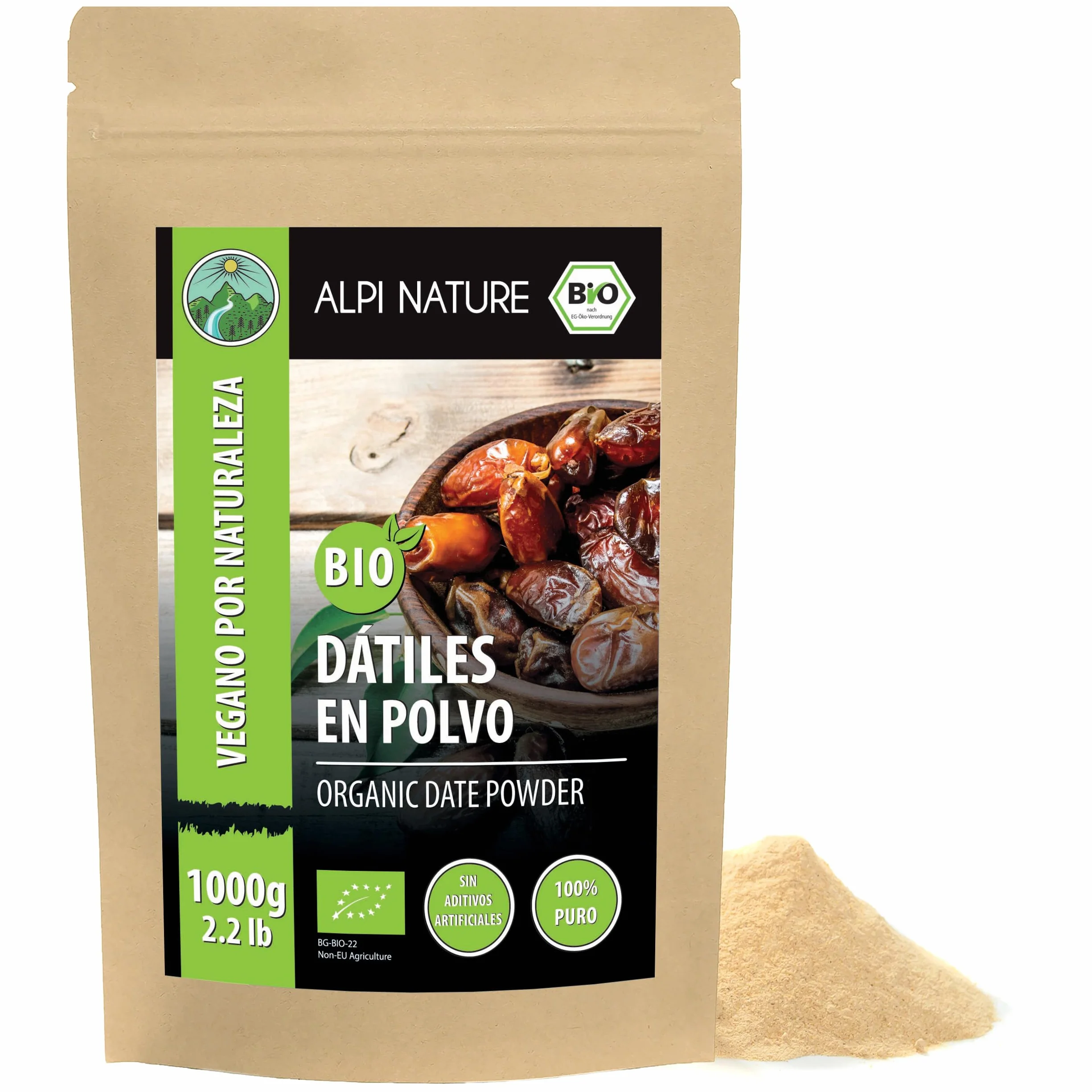 Alpi Nature Azúcar de Dátil Orgánico 1kg, Dátiles Orgánicos Molidos en Polvo, Sustituto del Azúcar
