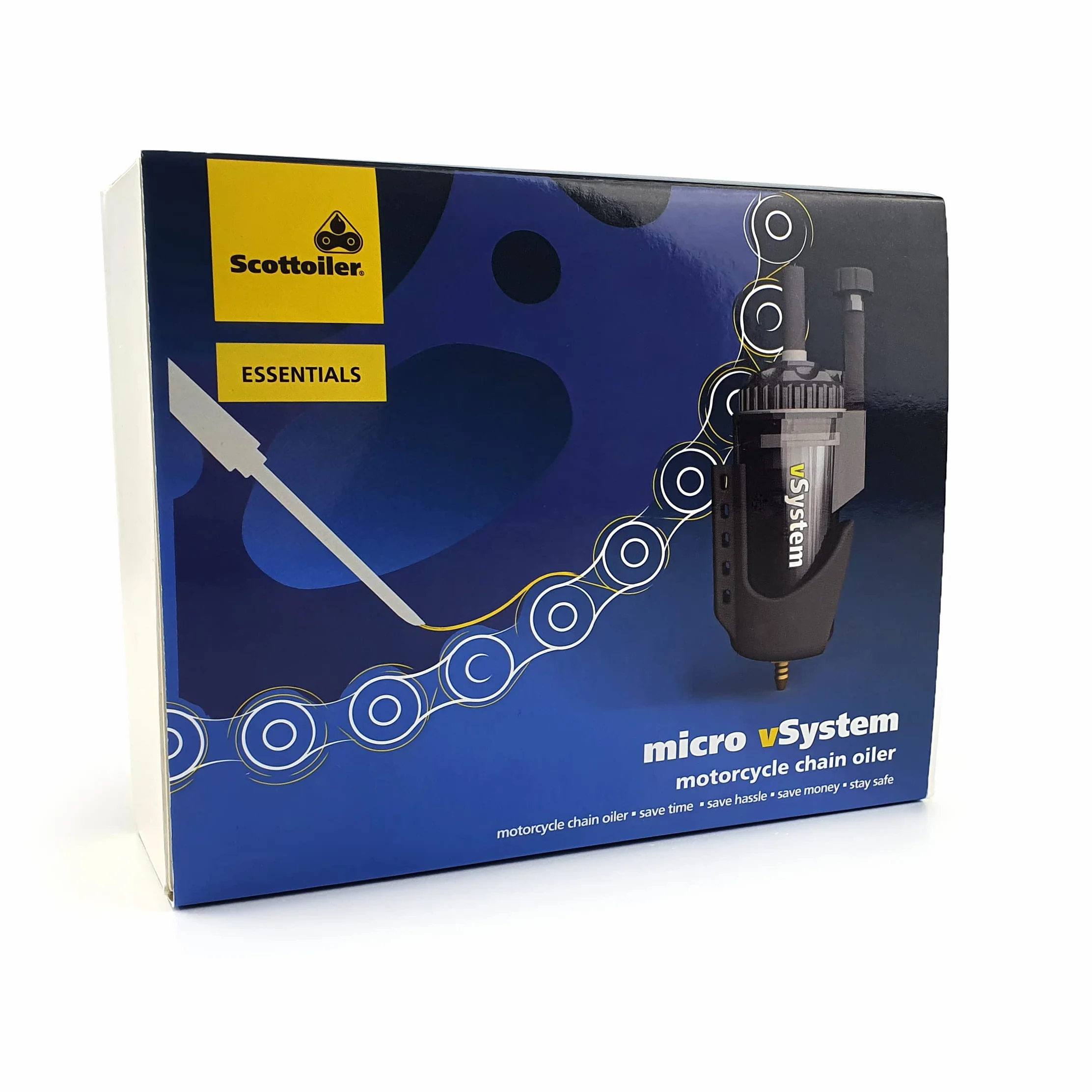 Scottoiler Essentials - Micro-vSystem - Lubricador Automático de Cadena de Motocicleta y Recarga de 125ml de Scottoil Verde Biodegradable All Climate - Bundle Kit de Inicio