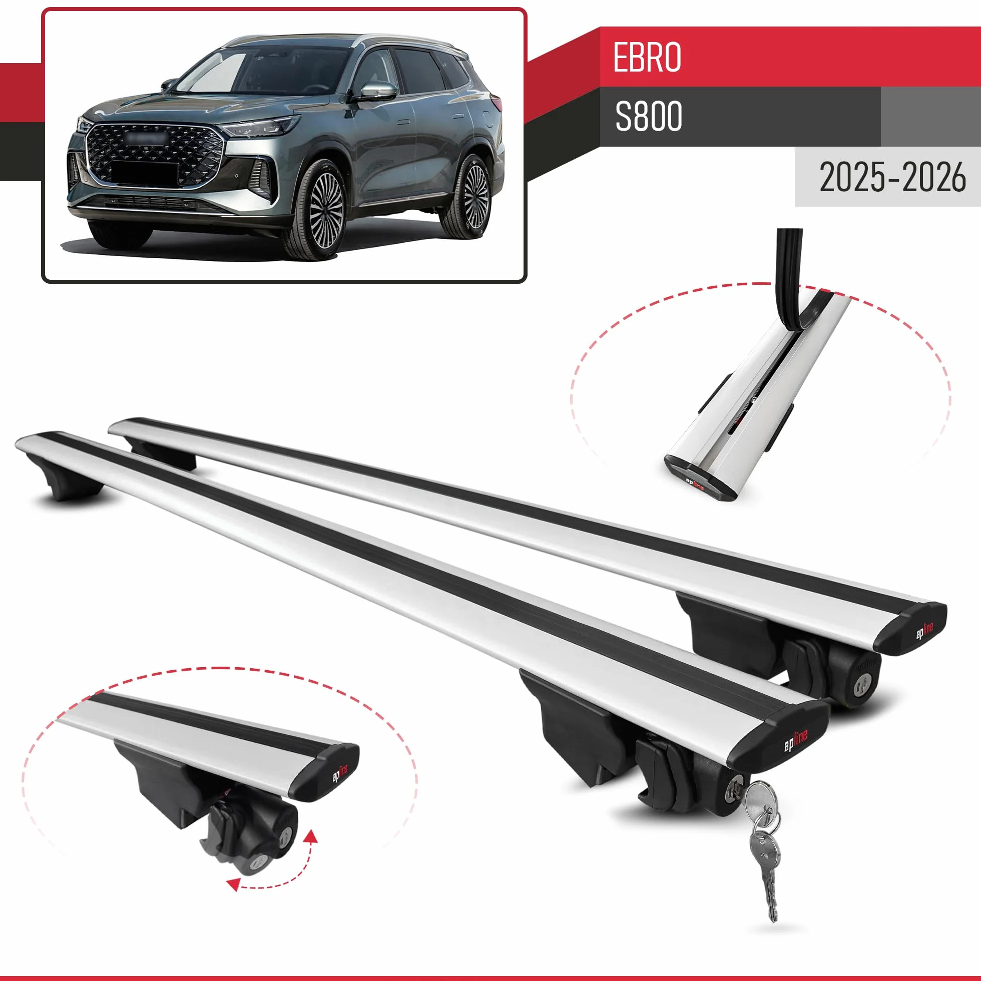 Compatible con Ebro S800 2025-2026 Modelo Hook Barra de Techo Auto Portaequipajes Barras Transversales Gris Aluminio 2 Barras