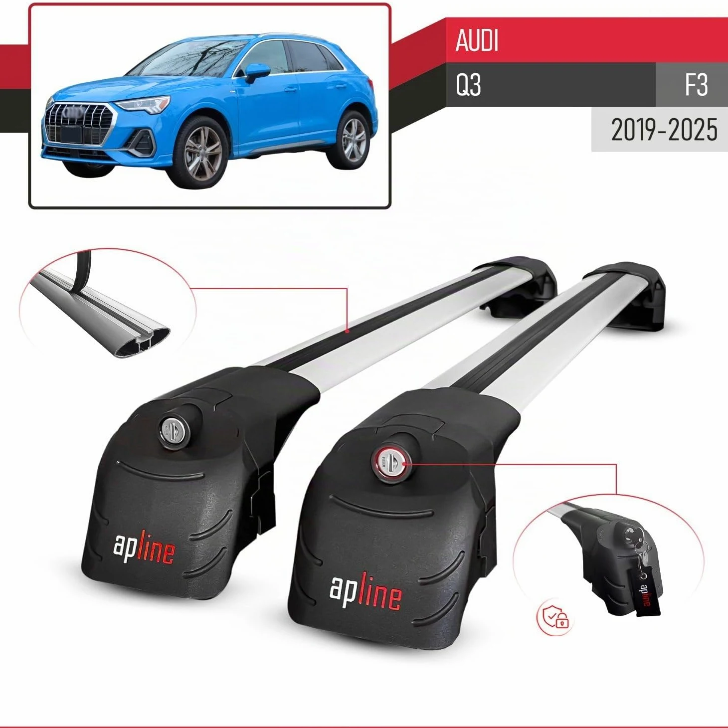 Compatible con Audi Q3 (F3) 2019-2025 Modelo Ace-2 Barra de Techo Auto Portaequipajes Barras Transversales Gris Aluminio 2 Barras