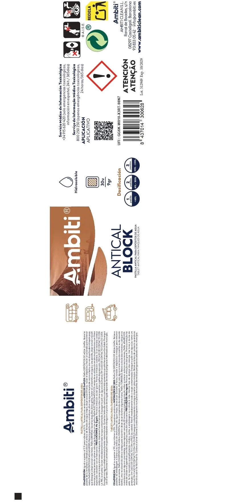 Ambiti | Antical Block | Tabletas para Eliminar y Prevenir la Cal en Depósitos de Agua Limpia, Grises | Ideal para Cisternas, Caravanas y WC |Mejora la Calidad del Agua |30 Pastillas de 9 gr