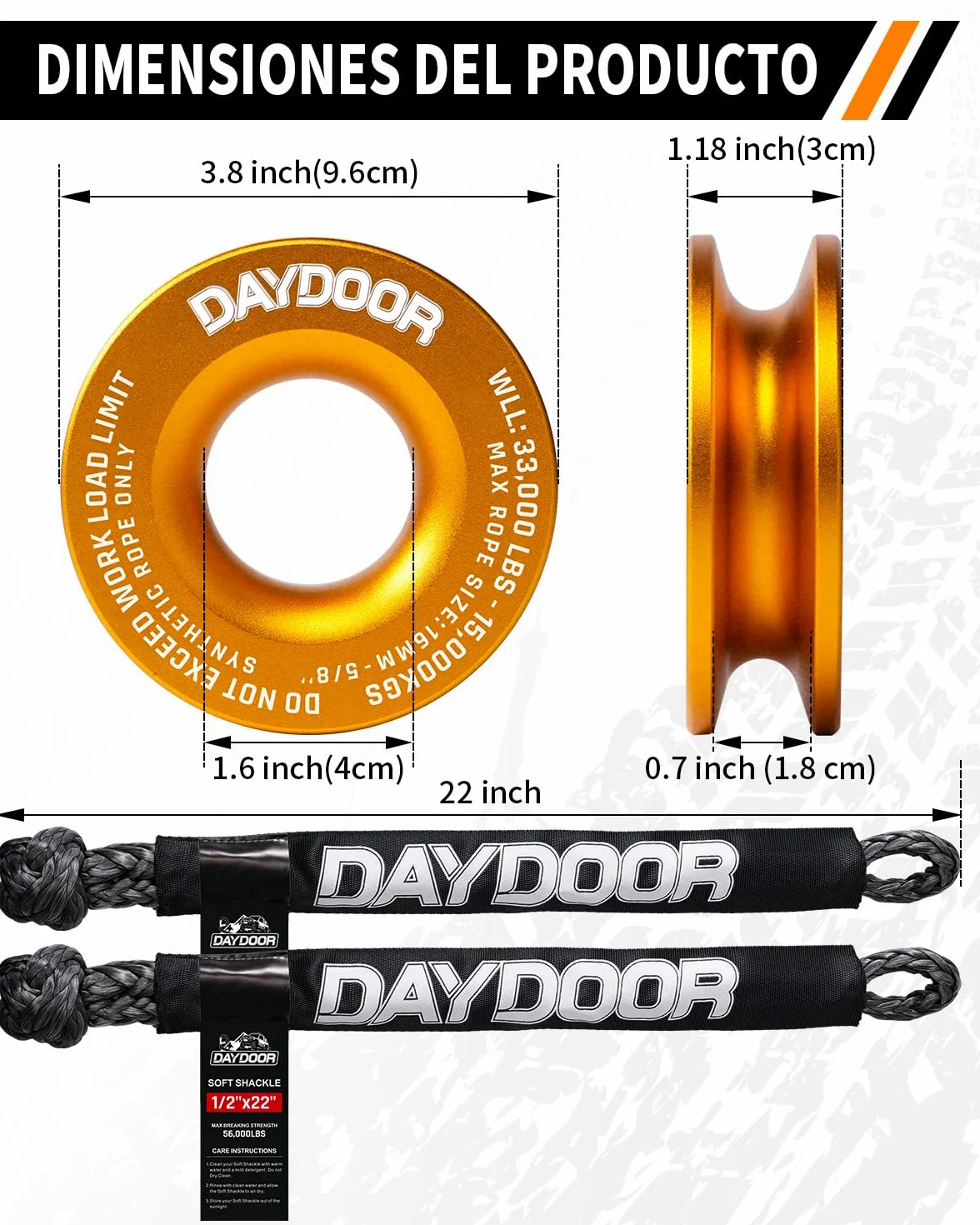 DAYDOOR Grillete suave para recuperación, 0.5 x 22 pulgadas, 25.401 kg (gris) | Accesorio de cabrestante para UTV, ATV, SUV, 4x4 Off-Road