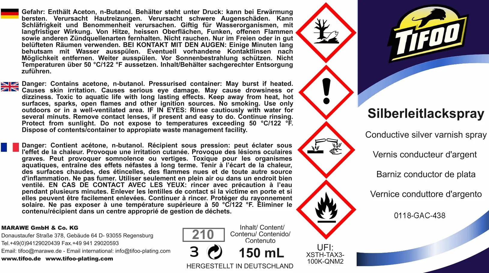 Tifoo Barniz conductor de plata (150 ml) – Barniz spray con partículos de plata pura - EMV Shielding - hacer superficies conductivas
