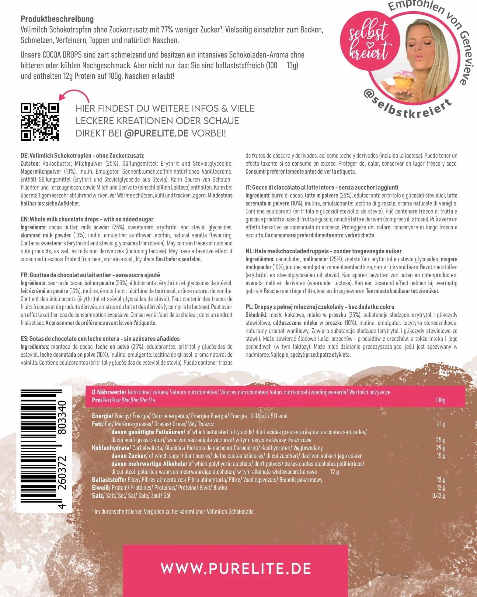 PURELITE Cocoa Drops chocolate con leche 450g sin azúcares añadidos eritritol stevia 77% menos azúcar