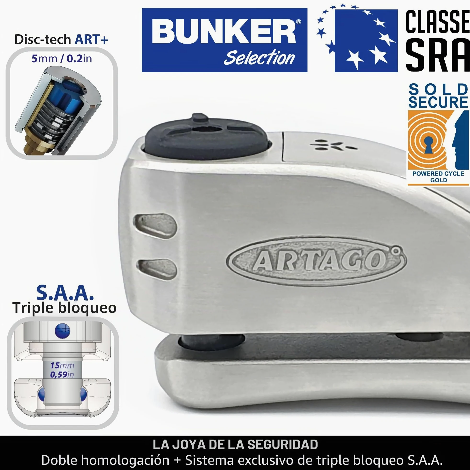 ARTAGO 32 Candado Moto Alta Gama, Mejor Antirrobo Disco con Alarma Inteligente Don't Touch 120dB, Homologado SRA y SSG, Exclusivo Triple Cierre Ø15.5, Blindaje Anti-Taladro 5mm, Pinza Cepo Acero Inox