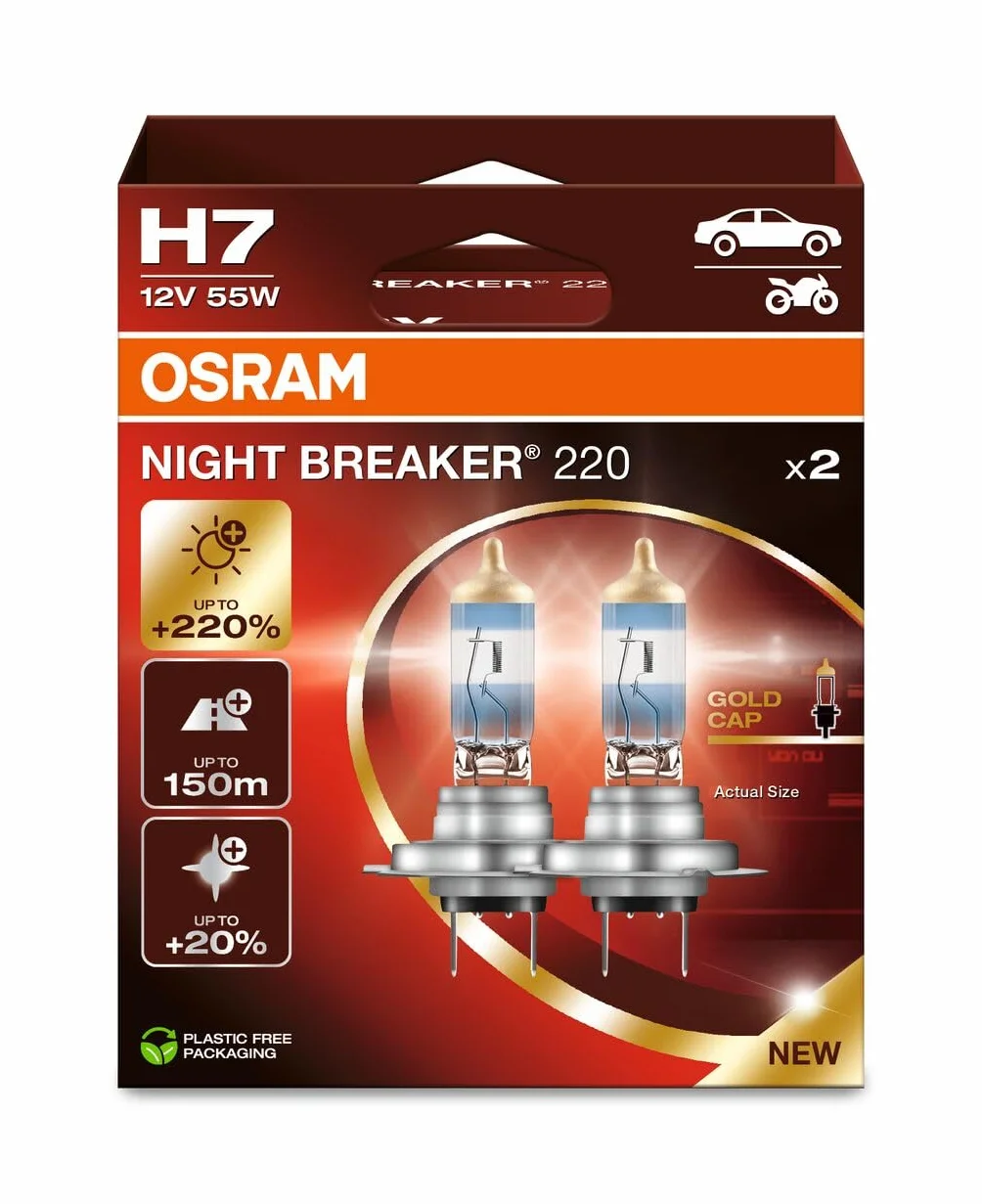 OSRAM NIGHT BREAKER 220 H7 Lámpara de faro halógeno 220% más brillo 2 uds