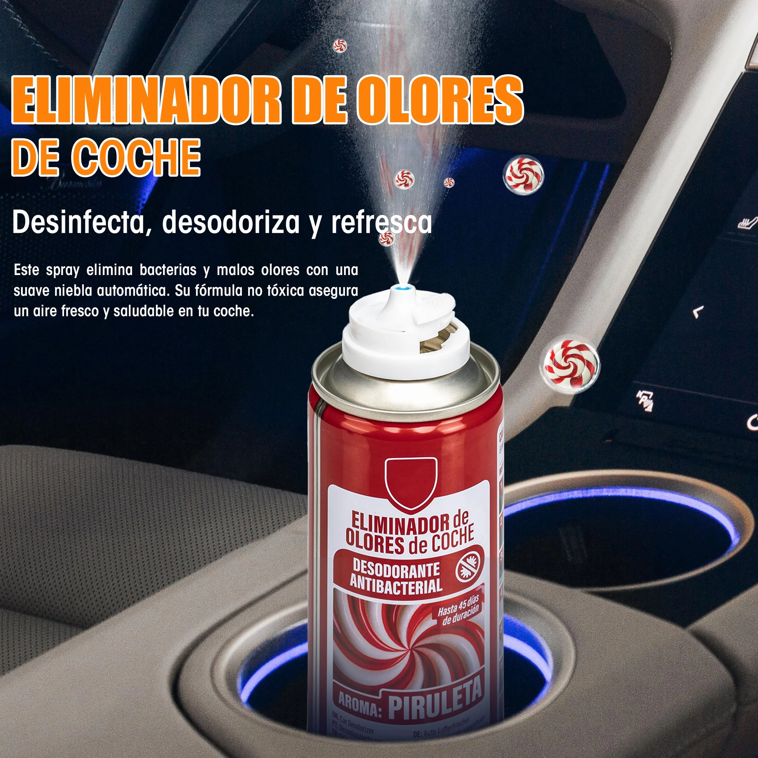 BESCH Eliminador de Olores para Coche de Descarga Única 150ml- Ambientadores de Automóvil Absorbe los Malos Olores -Olor de Piruleta