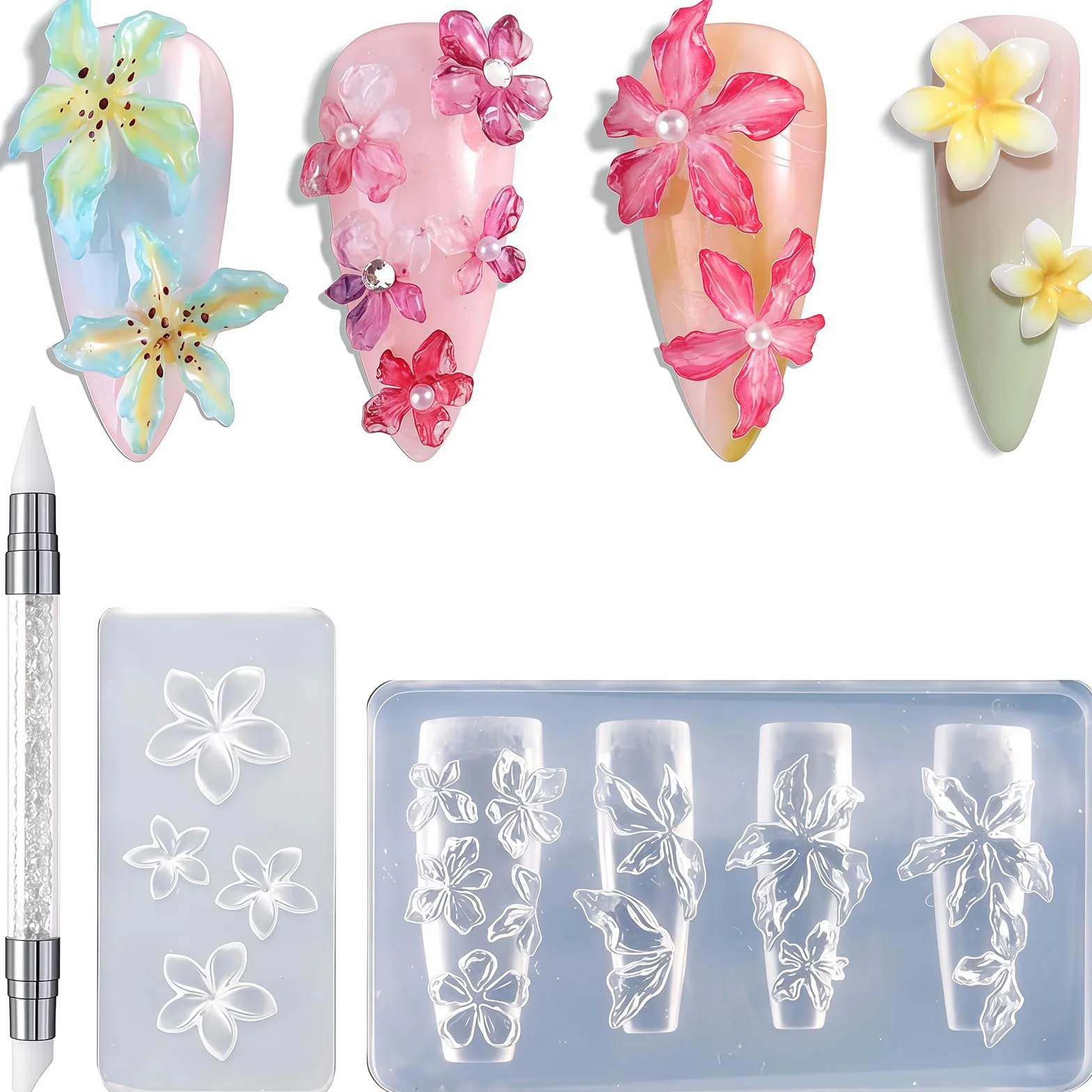 Silicona Molde Para Uñas 2 Piezas Reutilizables Transparente 3D Flores Arte De Uñas Plantillas
