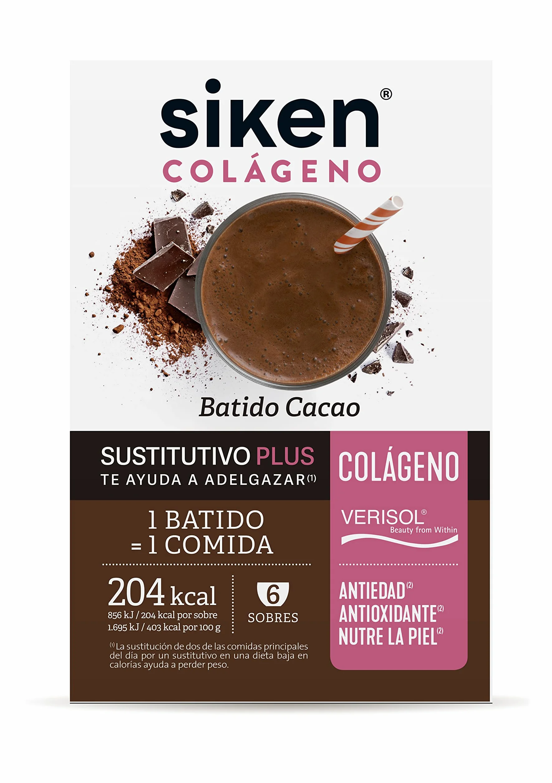 Siken Colágeno Batido Sustitutivo Plus Control de Peso Cacao Estuche 6 Sobres 50 g