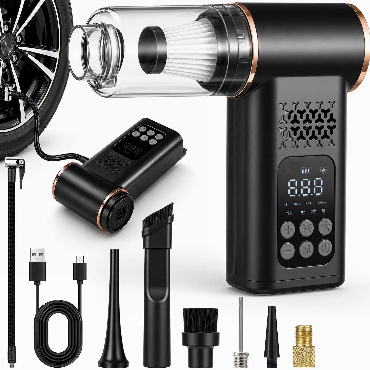 5 en 1 Compresor Aire Portatil con Aspiradora inalámbrica, 150 PSI Inflador de Neumáticos con Luz de Emergencia, Pantalla LCD, manómetro Digital para Coche hogar Pelo de Mascotas Moto y balones