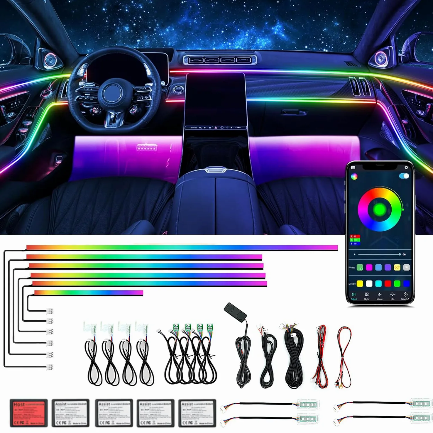 Juego de iluminación interior de acrílico para coche, Bphuny 18 en 1 593 LED, fibra de vidrio, varios modos, luces decorativas con música, ritmo dinámico arcoíris, luces de neón RGB para todos los