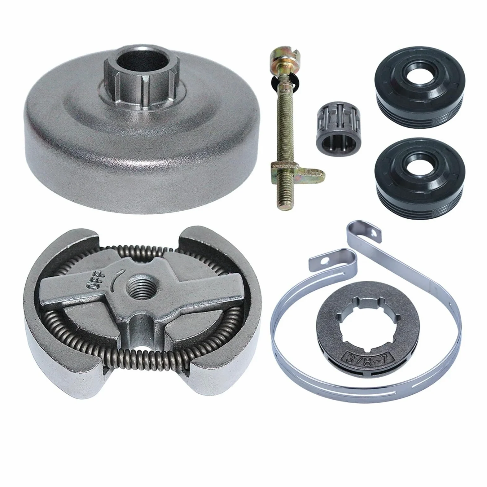 Kit de llanta de piñón de Tambor de Embrague de Repuesto 3/8/7t Compatible con motosierras 420, 390, 350, 351, 352, 370 y 371 con Sello de Aceite y Banda de Freno de Cadena.