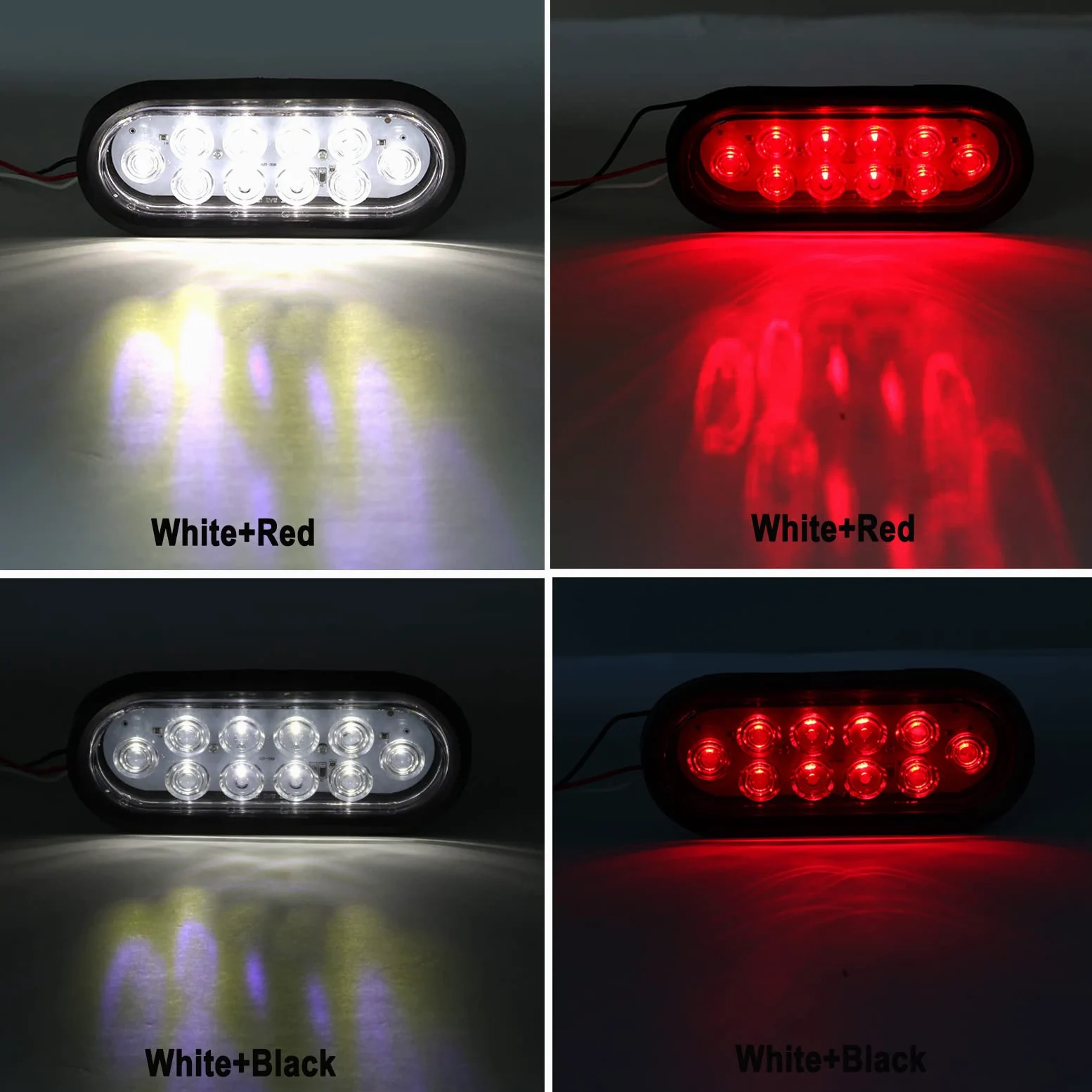 6 luces traseras LED ovaladas de 6 pulgadas, 10 LED, 4 rojas y 2 blancas de 6 pulgadas, luces traseras ovaladas de freno y marcha atrás, luces de remolque con ojales de montaje empotrado,