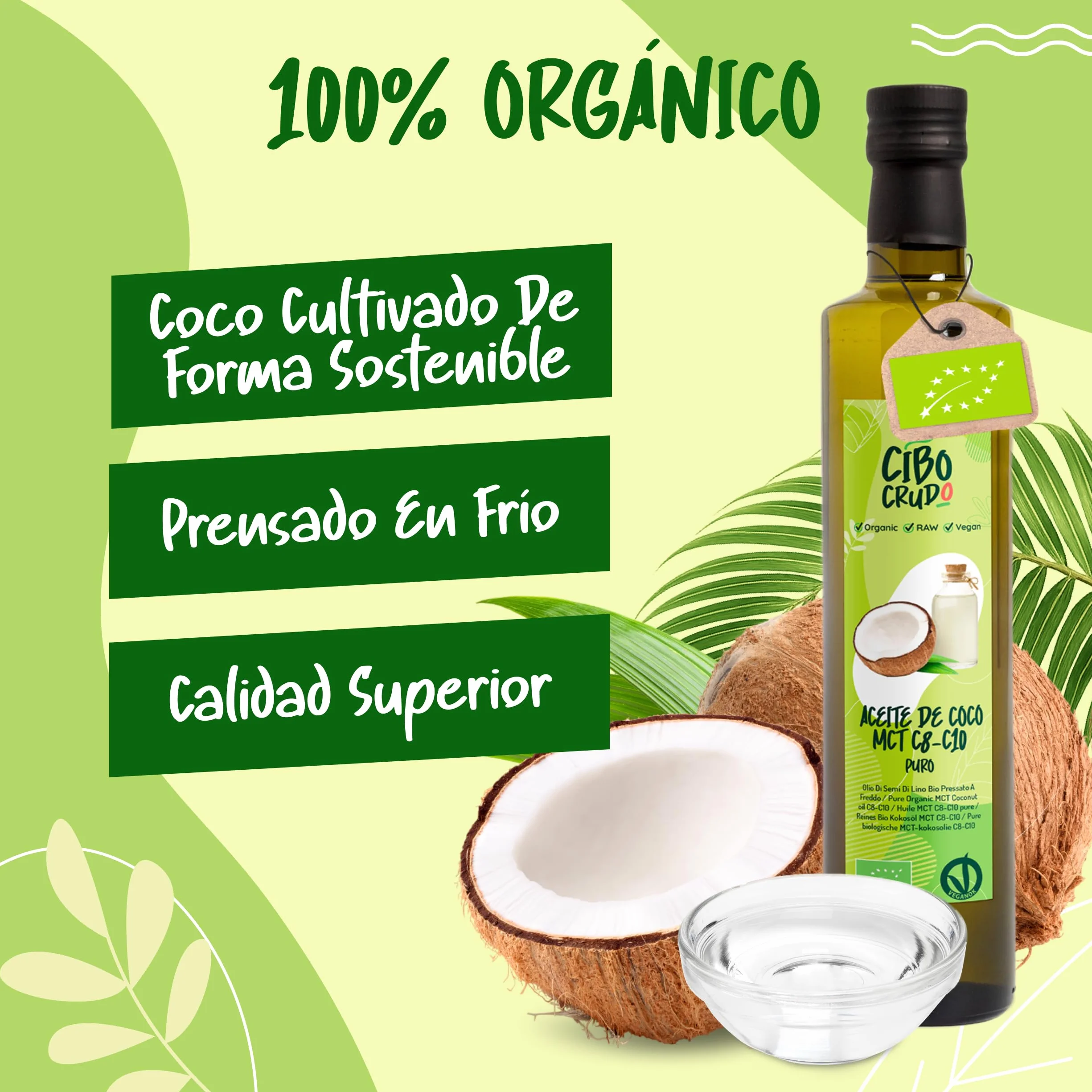 Aceite MCT C8 C10 de Coco Orgánico Prensado en Frío 500ml - 60% C8 40% C10 Virgen Natural Puro