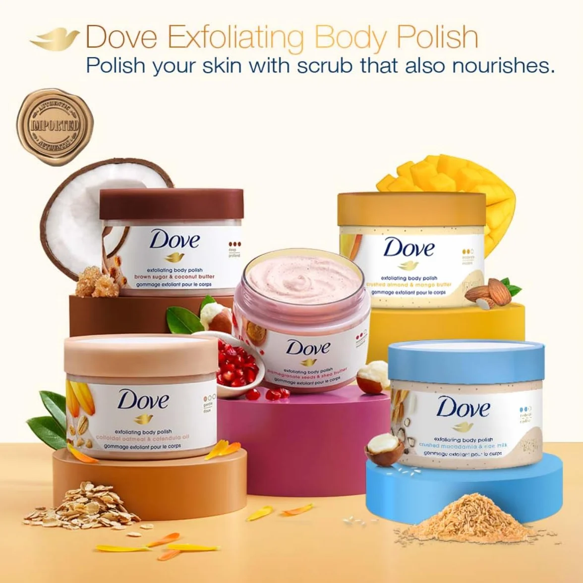 Dove Exfoliante corporal Body Polish piel seca almendras molidas mantequilla de mango exfolia hidrata aroma