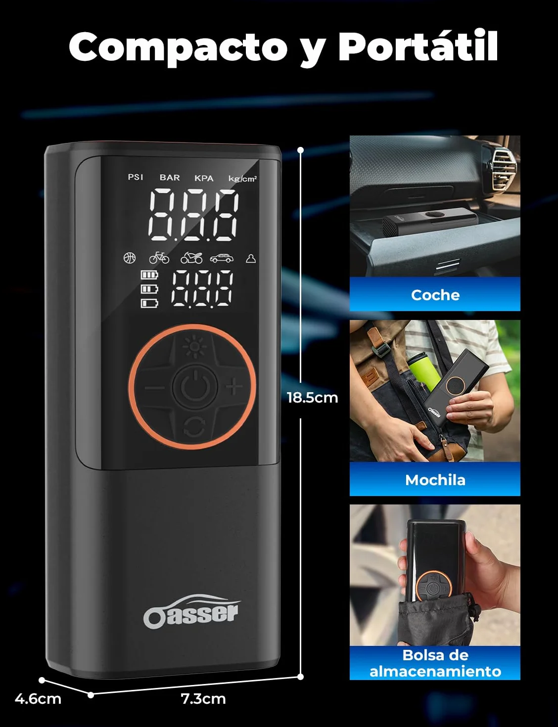 Oasser Compresor Aire Portatil 6000mAh 150PSI Inflador Ruedas Coche Pequeño Pantalla LCD Doble Visualización Cable Encendedor 3M Parada Automática Bolsa Almacenamiento para Coche Moto Bicicleta Bola