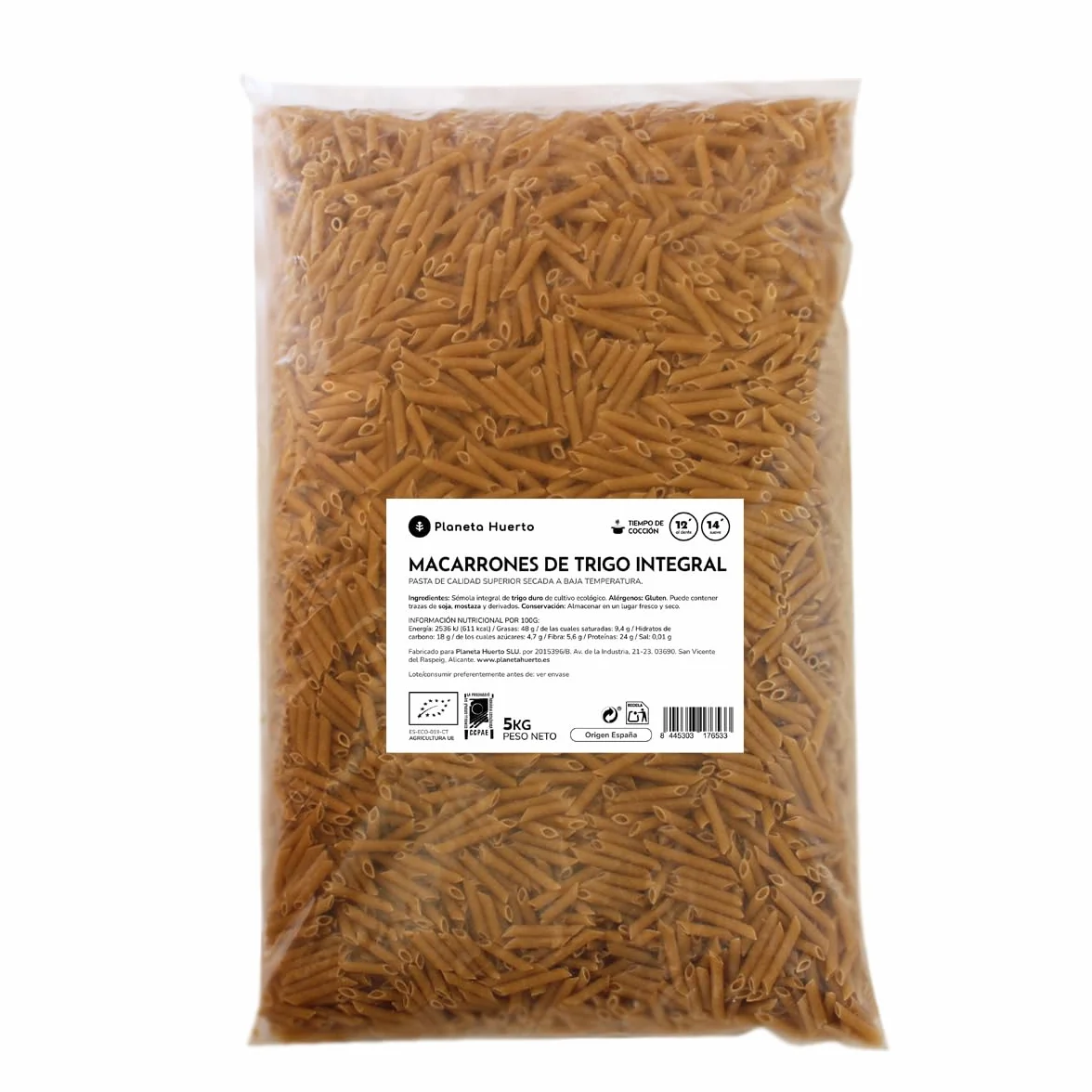Macarrones de Trigo Integral Ecológicos 5 kg – Rico en Fibra y Proteínas Veganas