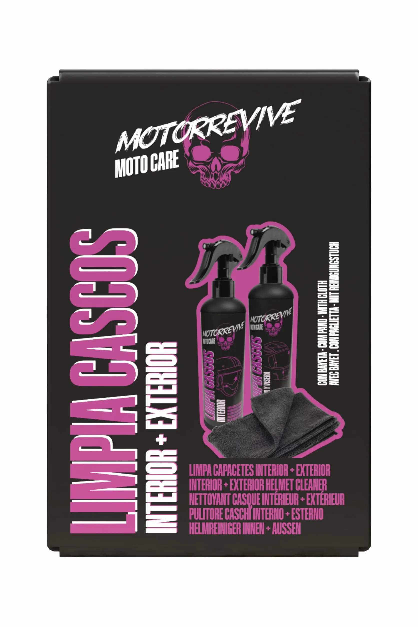 Pack Limpieza de Cascos de Moto 200 + 200 ml. Spray limpiador Interior + Exterior y Visera + Bayeta de Microfibra. Higiene Completa y Cuidado Profesional para Casco de Motocicleta