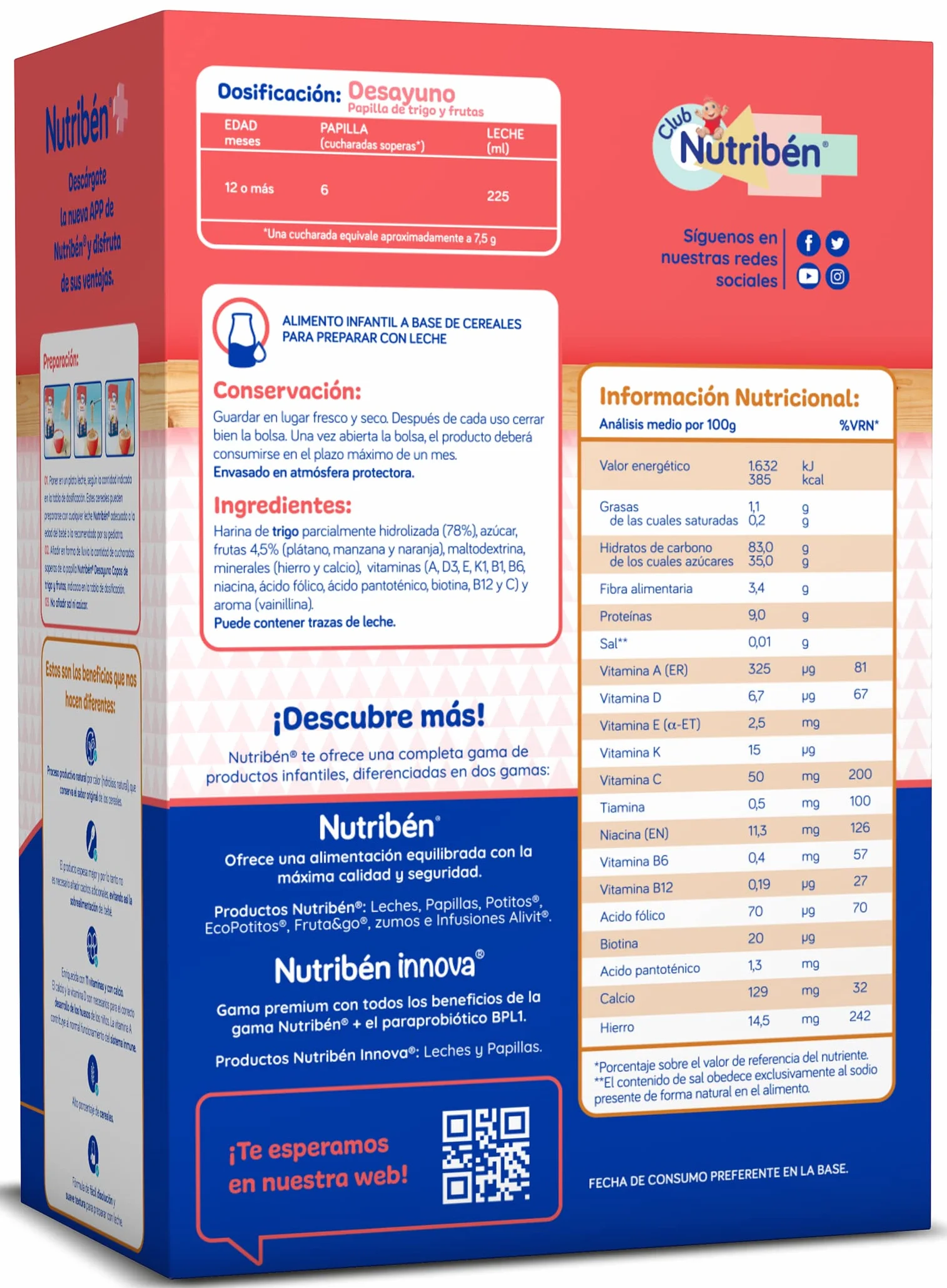 Nutribén Papilla de Copos de Trigo y Frutas para el Desayuno, 4500 g, Sin Aceite de Palma, Bebés 12 Meses, Pack 6 x 750g