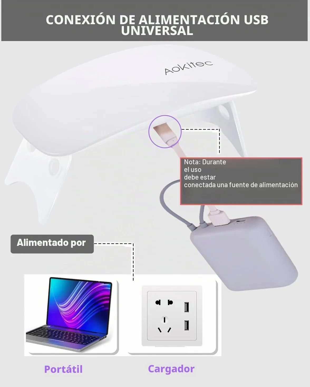 Aokitec lámpara LED uñas de gel portátil USB secador 2 temporizadores