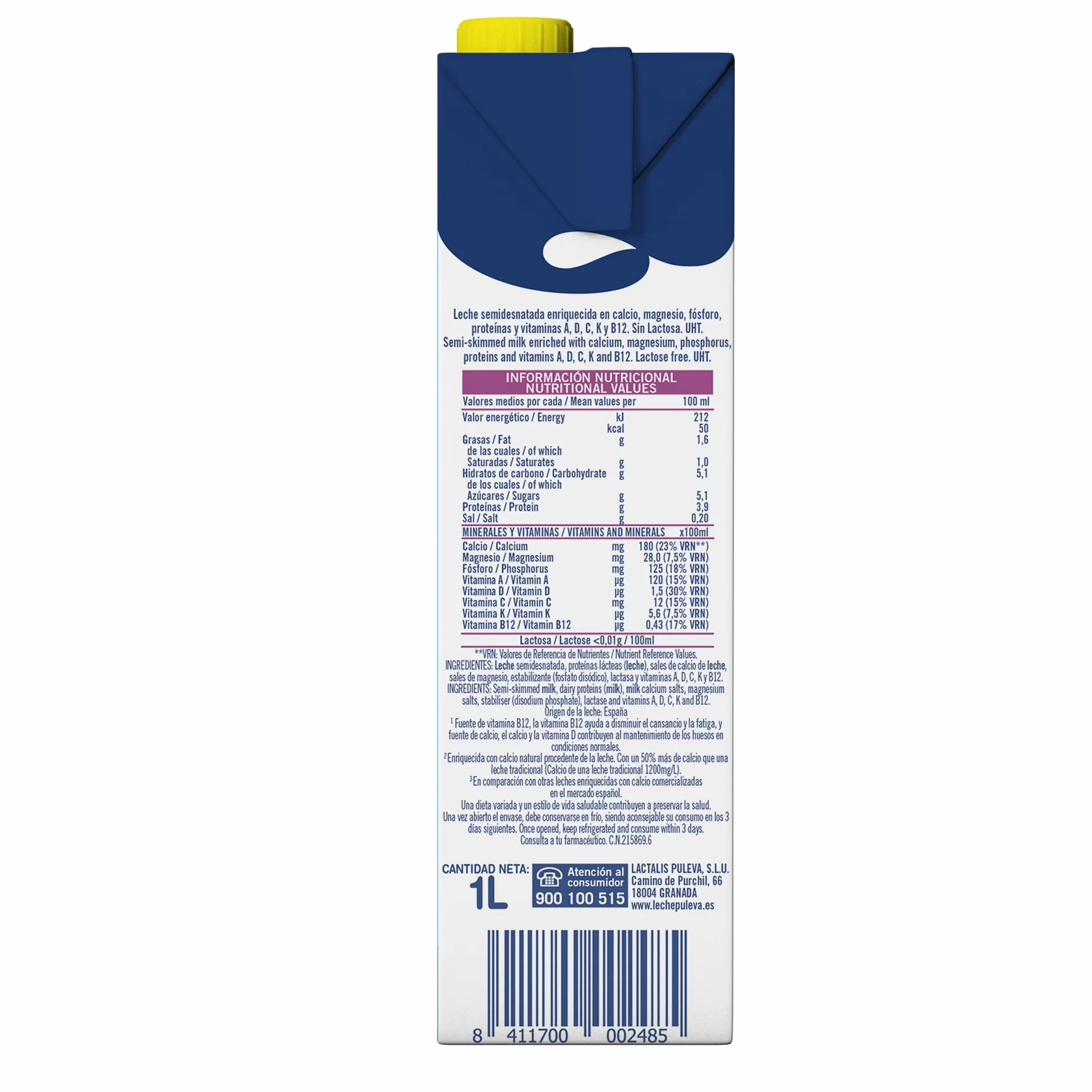 Puleva Vita Calcio Leche Semidesnatada Enriquecida con Calcio Sin Lactosa Pack 6 x 1L