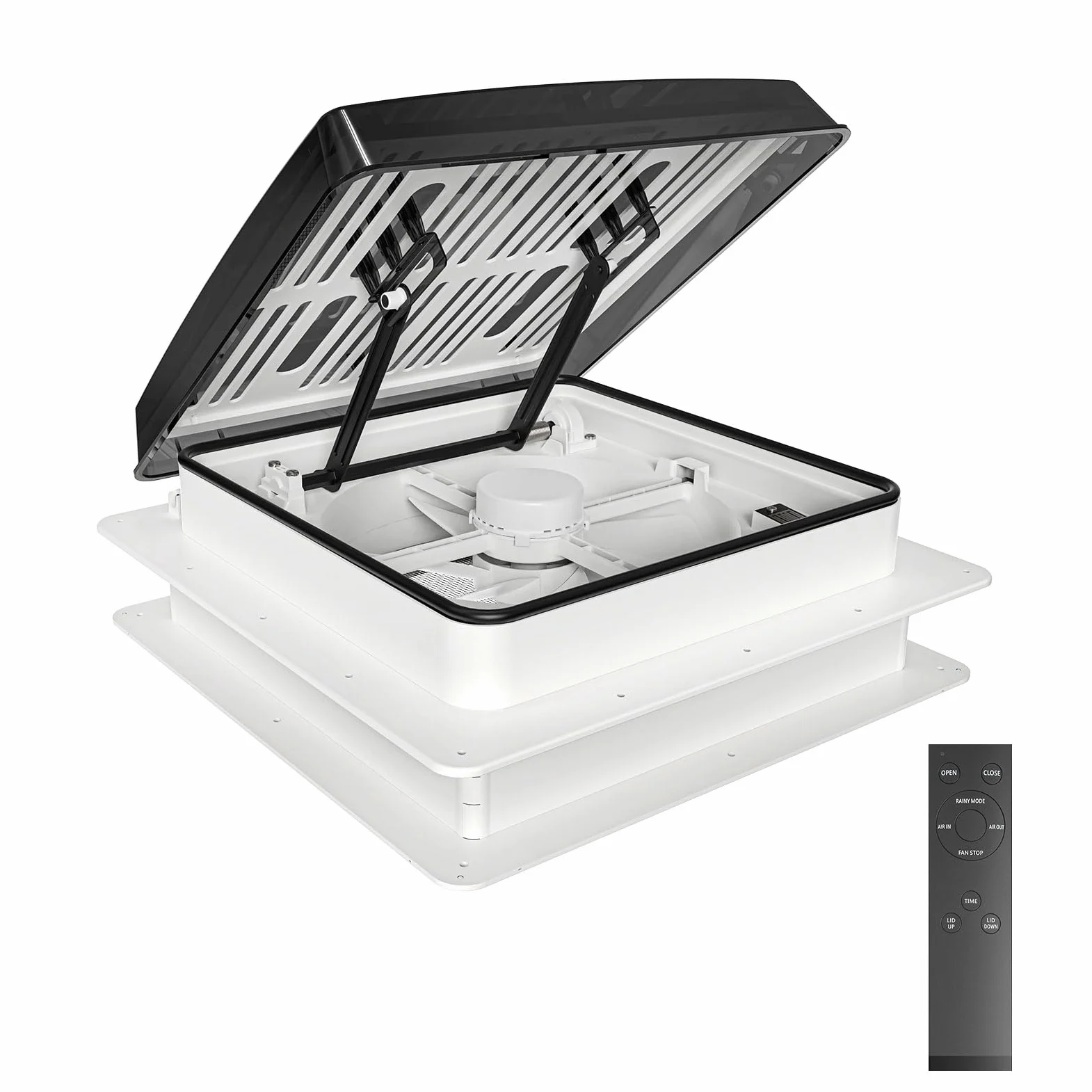 Ventilador de techo para caravanas 40cm*40cm, Claraboya, Nivel de ruido ultra bajo de escape reversible con sensor de lluvia, ventilador permanente de nivel automático (Blanco Negro)