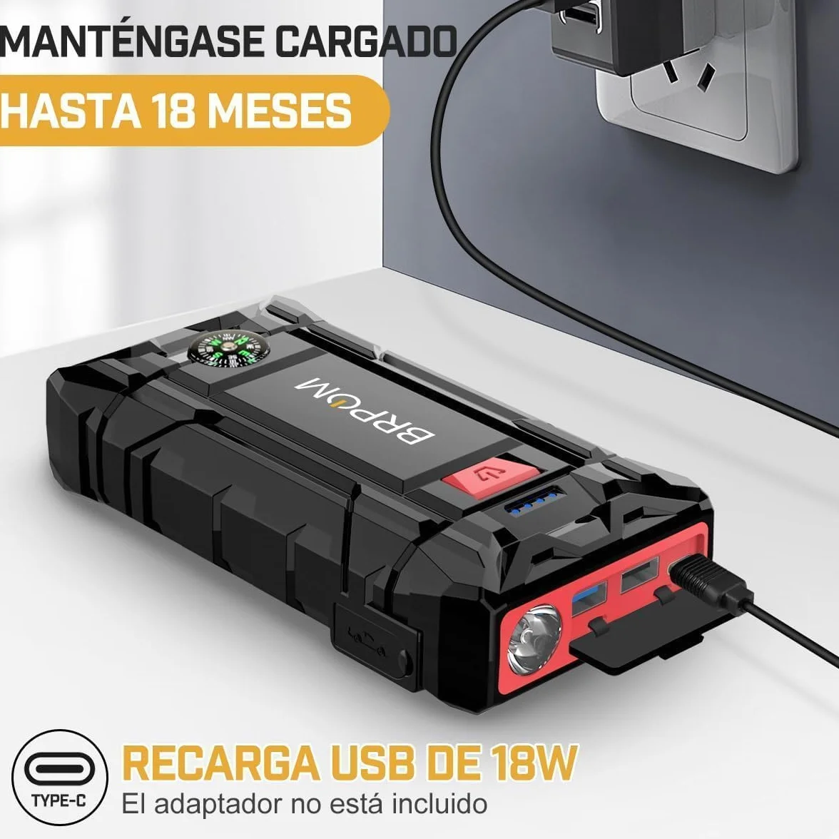 BRPOM Arrancador de Coches, 9000A 21800mAh Arrancador de Baterias de Coche 12V(para 8.0L de Gasolina o 6.5L de Diésel), Jump Starter Portátil, Carga Rápida QC3.0, Espera Larga