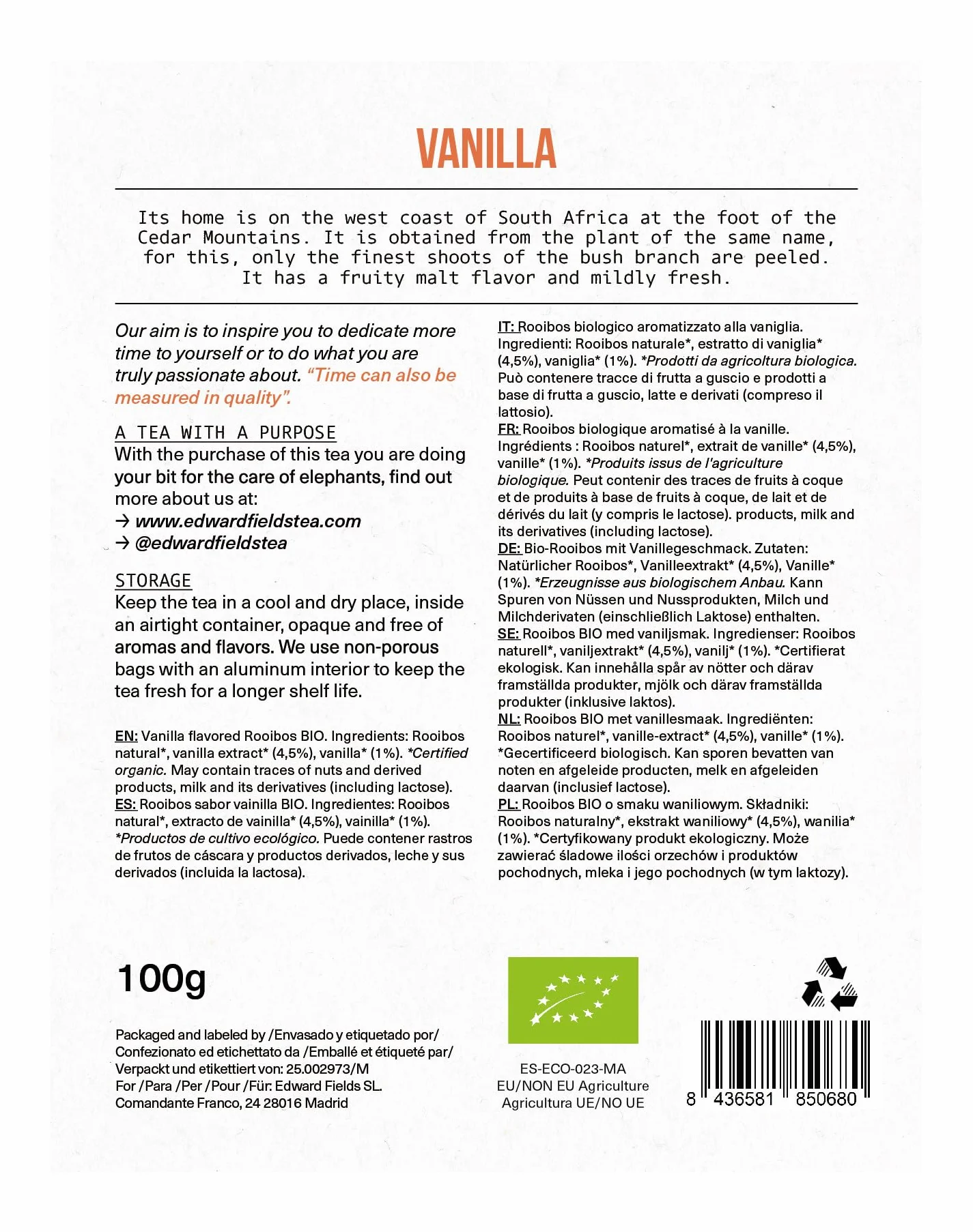Rooibos orgánico a granel con Vainilla, infusión ecológica sin teina, 100g