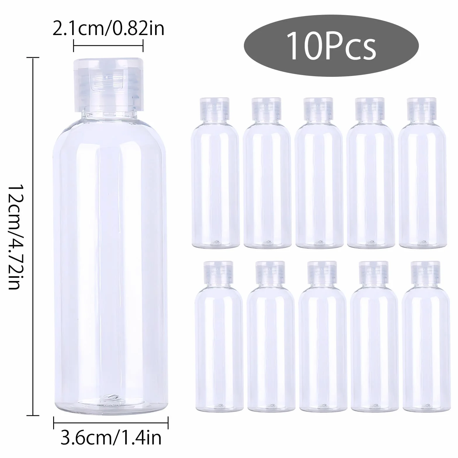 Juego de botellas de viaje 100 ml plástico transparente con tapa abatible 10 piezas para champú acondicionador loción