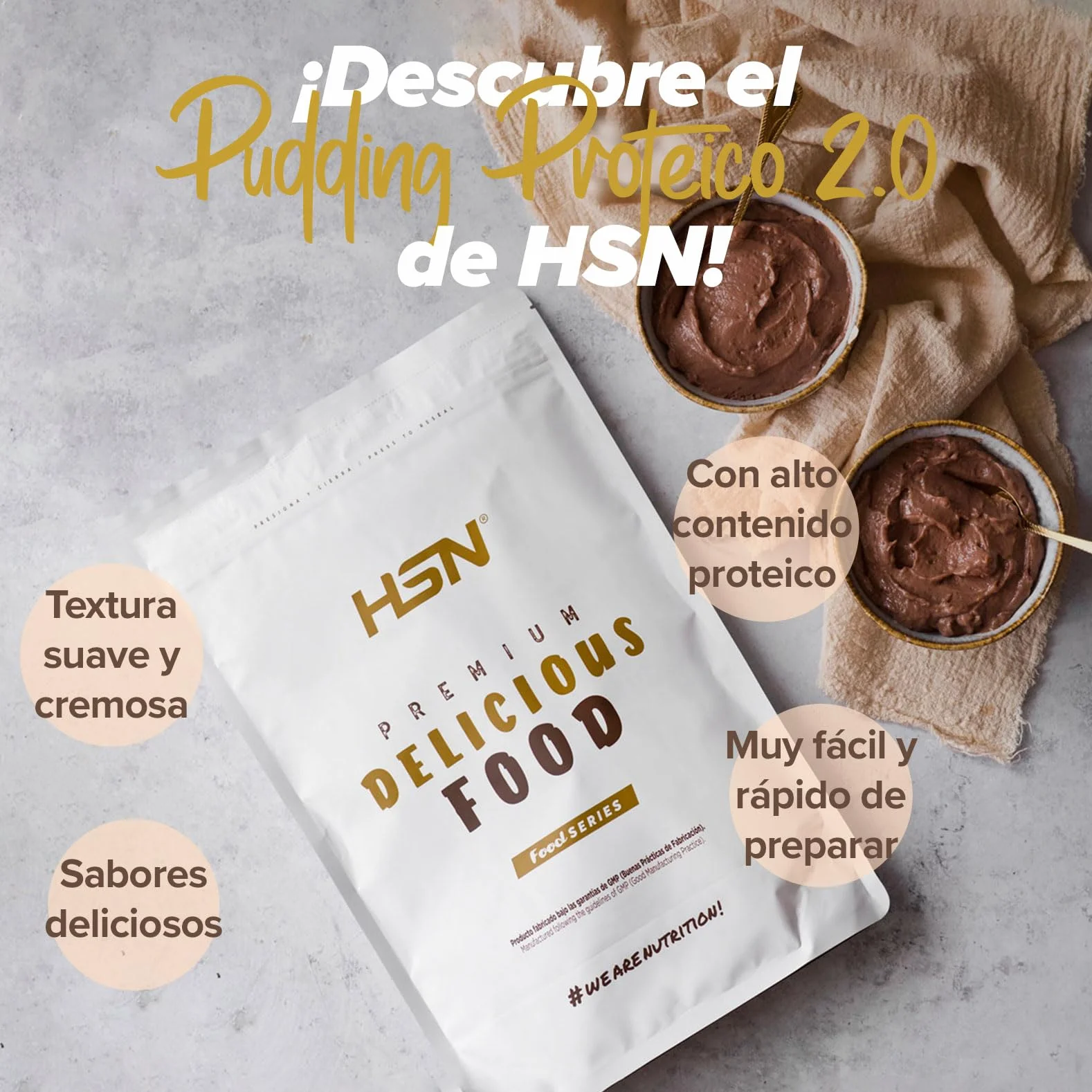 Pudding Proteico 2.0 HSN 500g Natillas Alto en Proteínas Sin Gluten Vegetariano
