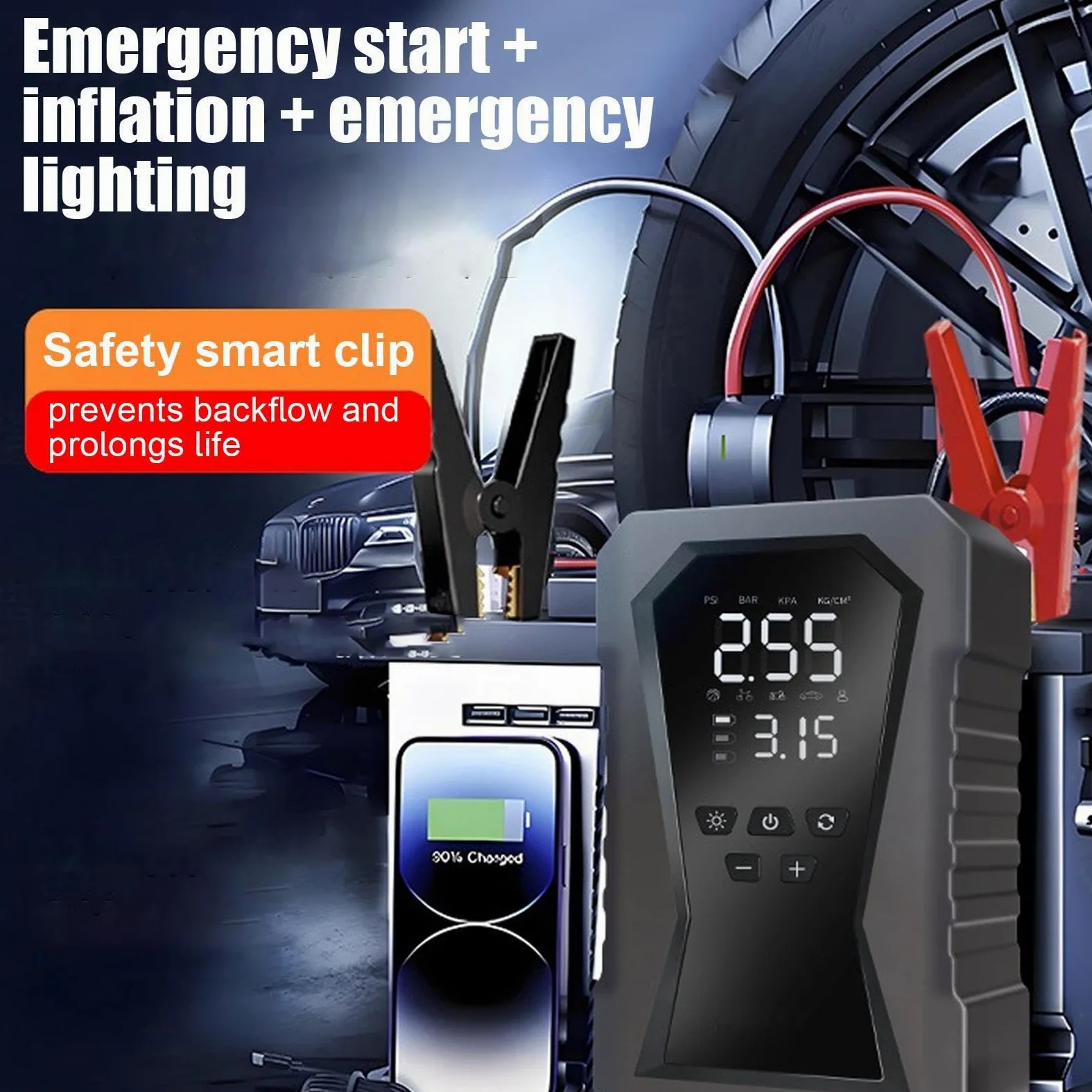 Arrancador De Batería para Coche Arrancador Batería 12V con Inflador | Arrancador De Batería 12V Con Inflador Para Neumáticos Moto, , Camping, Viaje, Aire Libre, Taller, Mantenimiento